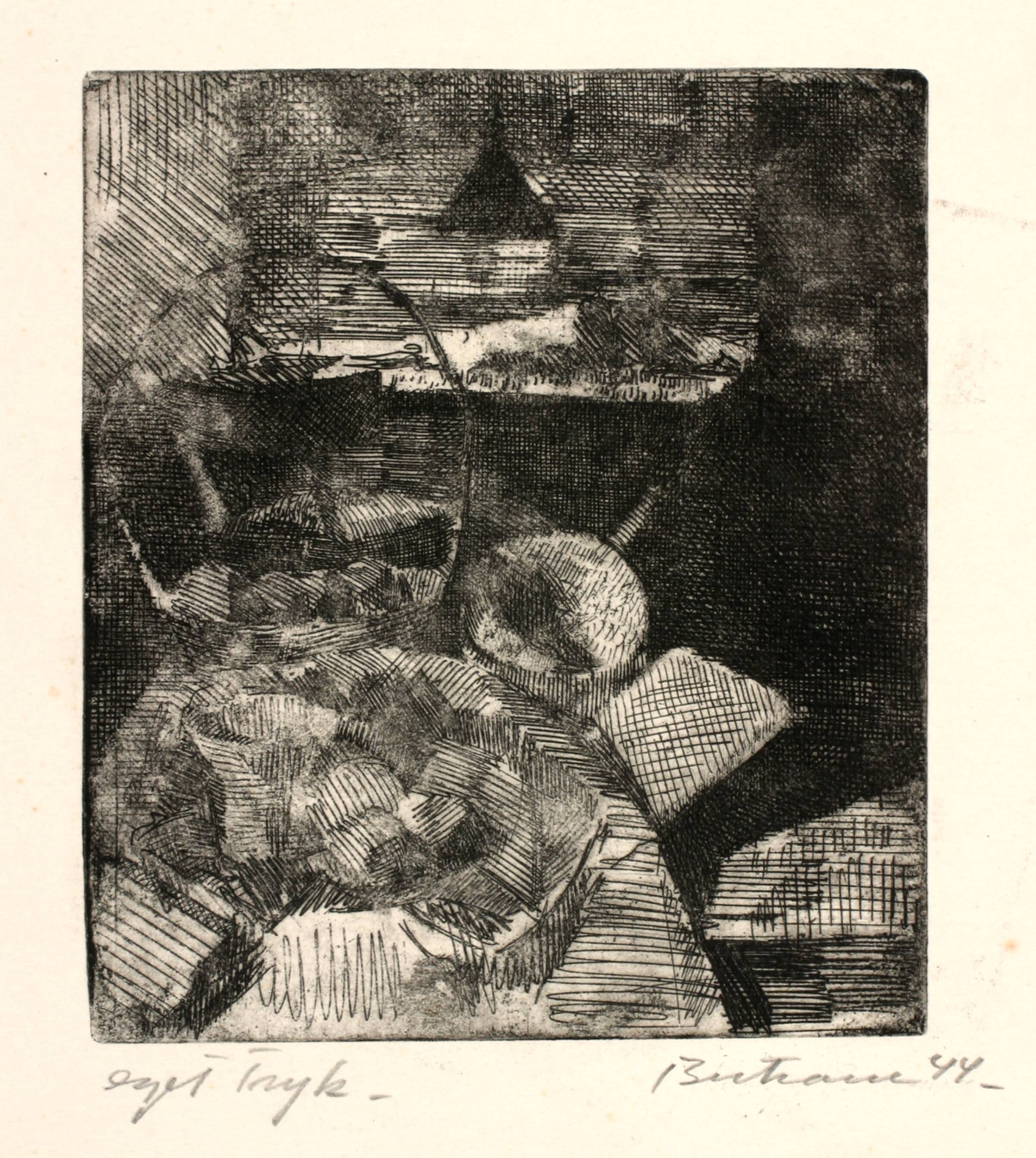 Opstilling med bæger og frugter, Helge Bertram, 1944