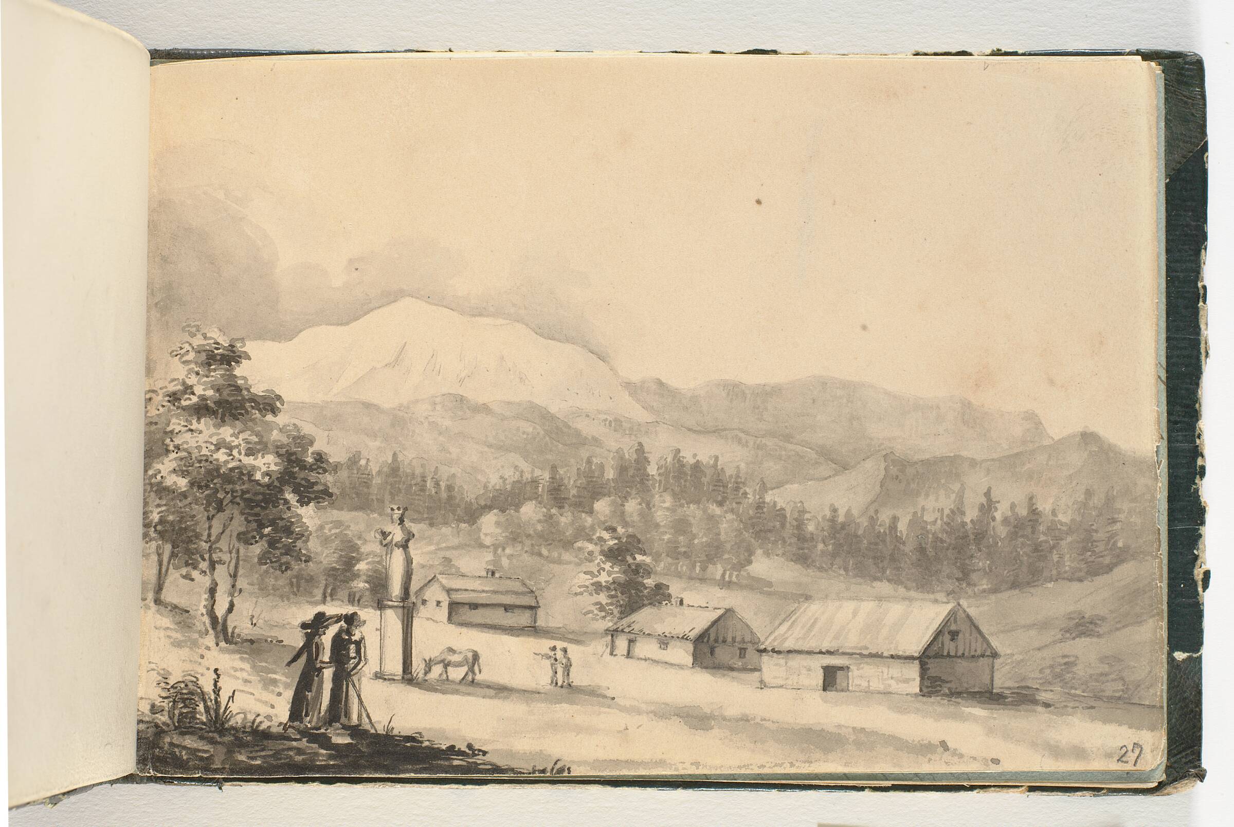 Bjerglandskab med mennesker og huse, J.C. Dahl, 1820-1829