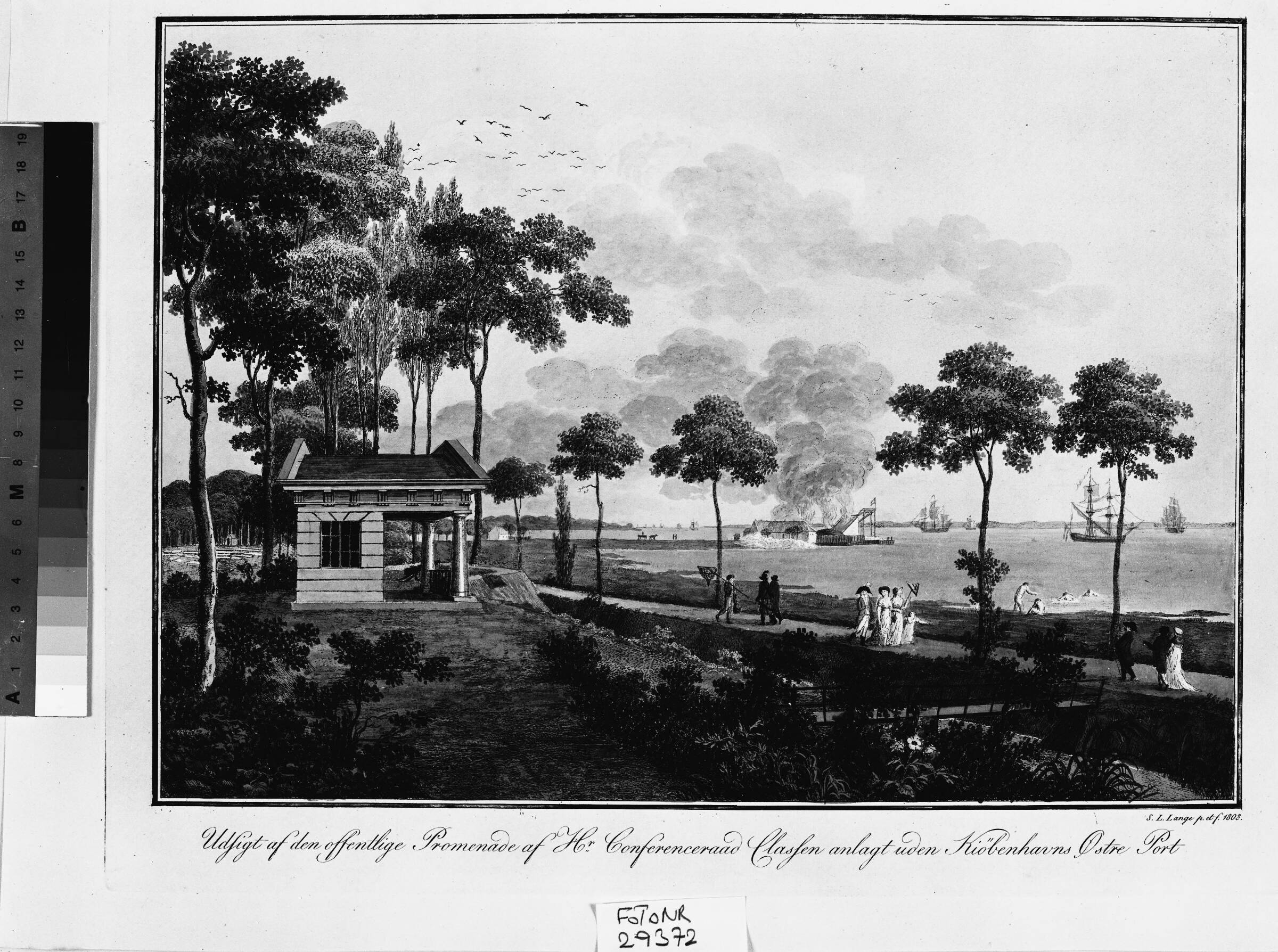 Udsigt af den offentlige promenade af Hr. Conferenceråd Classen anlagt uden Københavns Østerport, Søren L. Lange, 1803