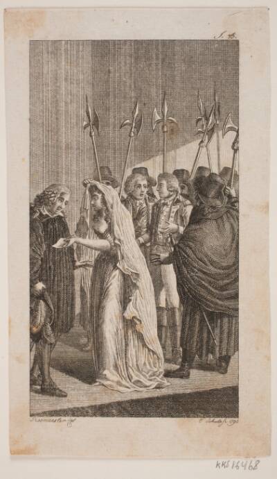 Illustration med en ung dame, der giver et brev til en ældre mand. I baggrunden to herre omgivet af byvagter