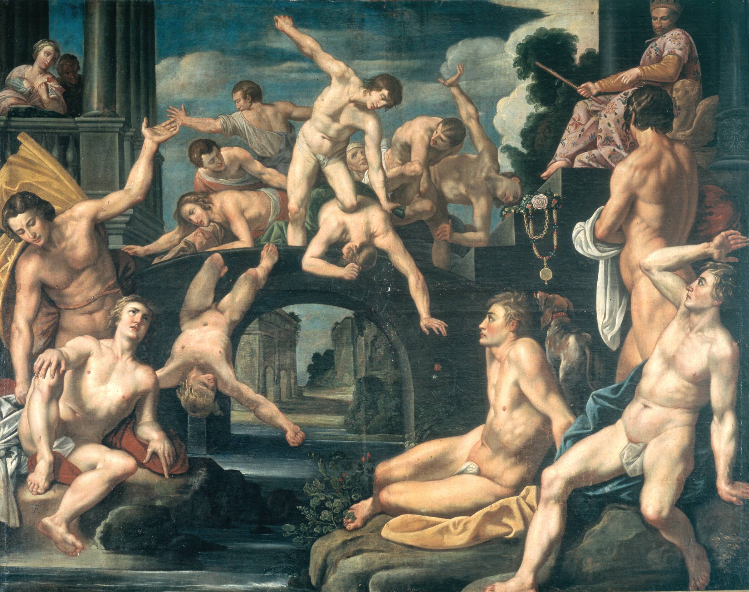 Unge mænd brydes på en bro. Allegori, Reinhold Timm, 1622