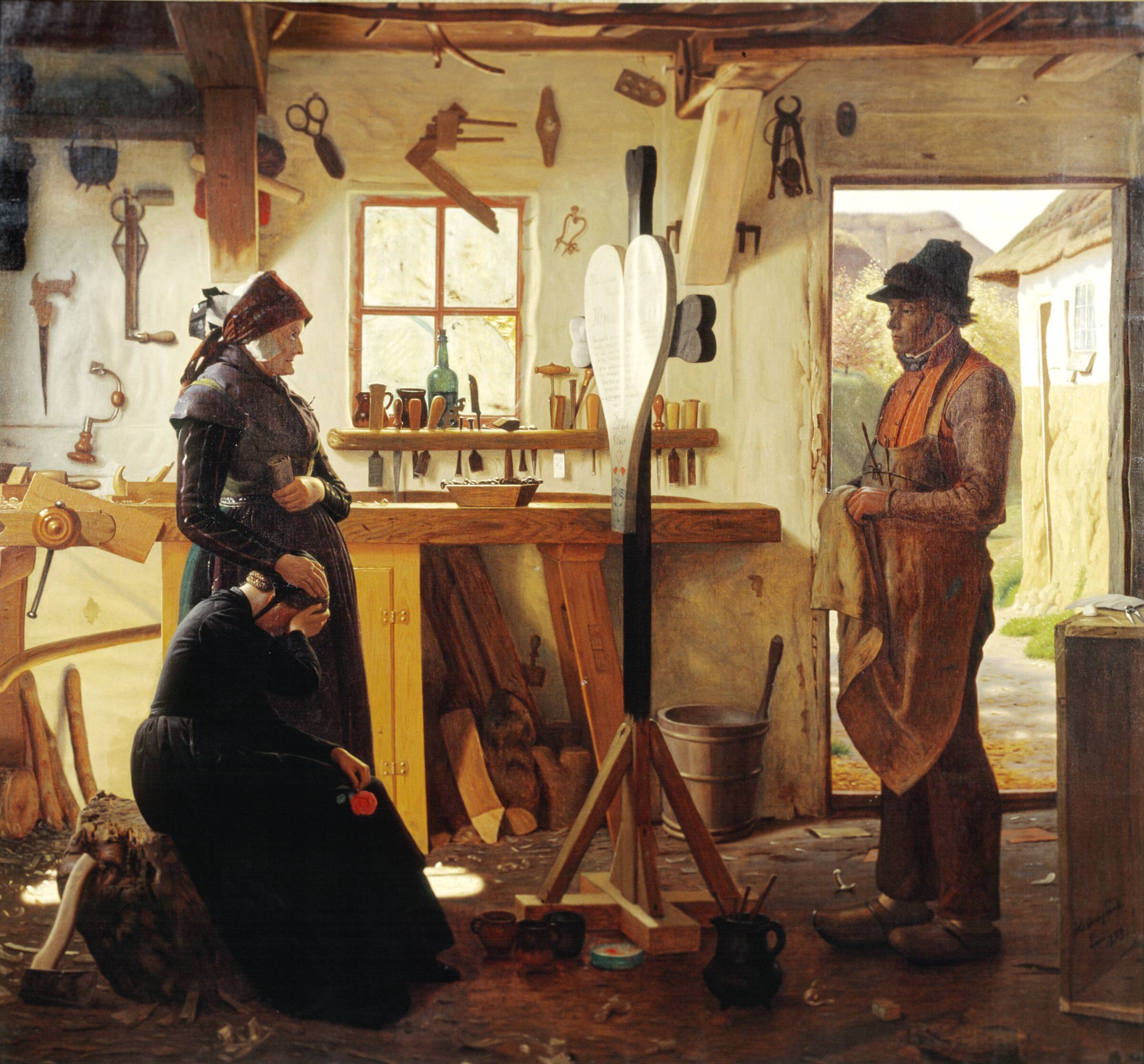 To kvinder besøger landsbykunstneren for at se det bestilte gravkors, Christen Dalsgaard, 1873