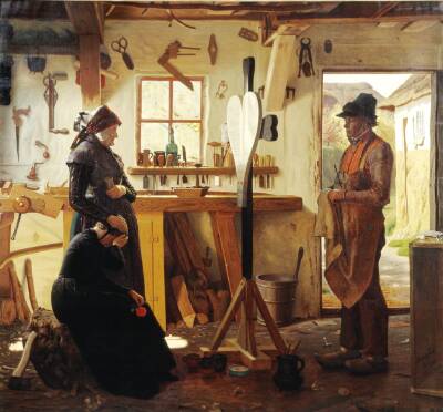 To kvinder besøger landsbykunstneren for at se det bestilte gravkors