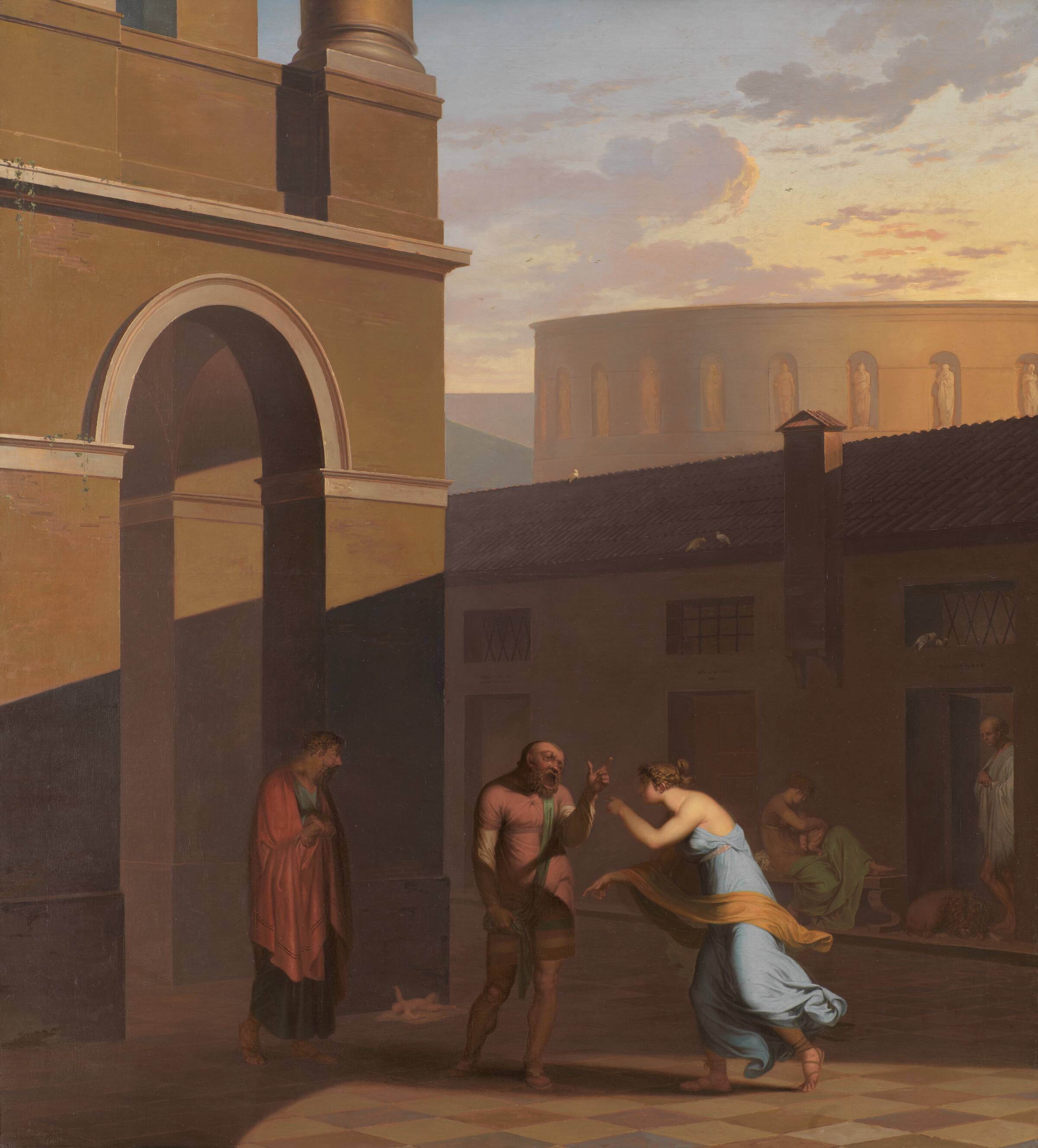 Davus taler med Mysis, Androspigens tjenestepige, som har lagt det nyfødte barn uden for Simos hus. Den lyttende Cremes opgiver sin datters forbindelse med Pamfilus. Motiv fra Terents: Pigen fra Andros, Nicolai Abildgaard, 1804