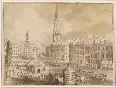 Nytorv og Gammel Torv i København med Sankt Petris og Vor Frue Kirkes spir