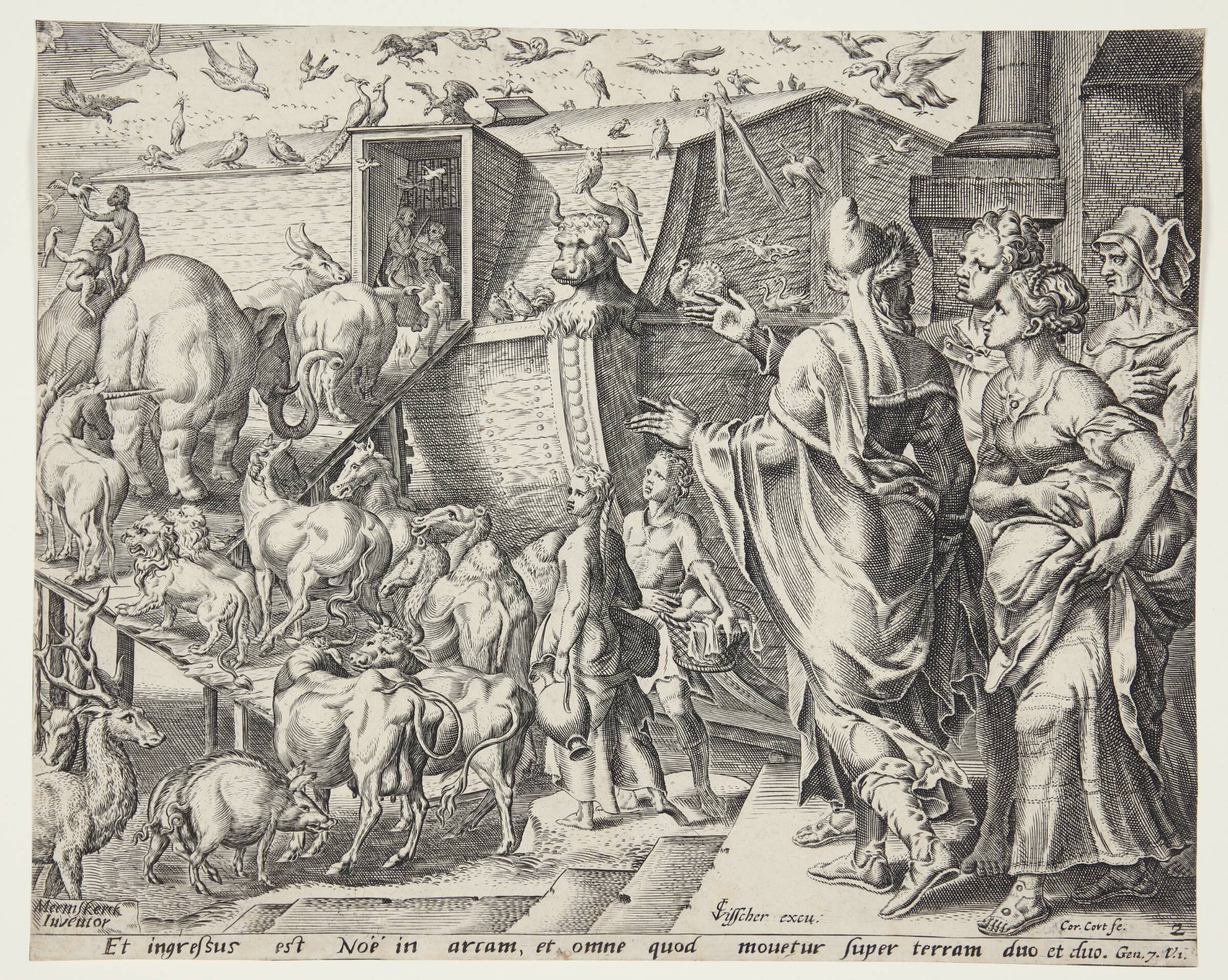 Noa, hans familie og dyrene går ombord i arken, Cornelis Cort, 1559