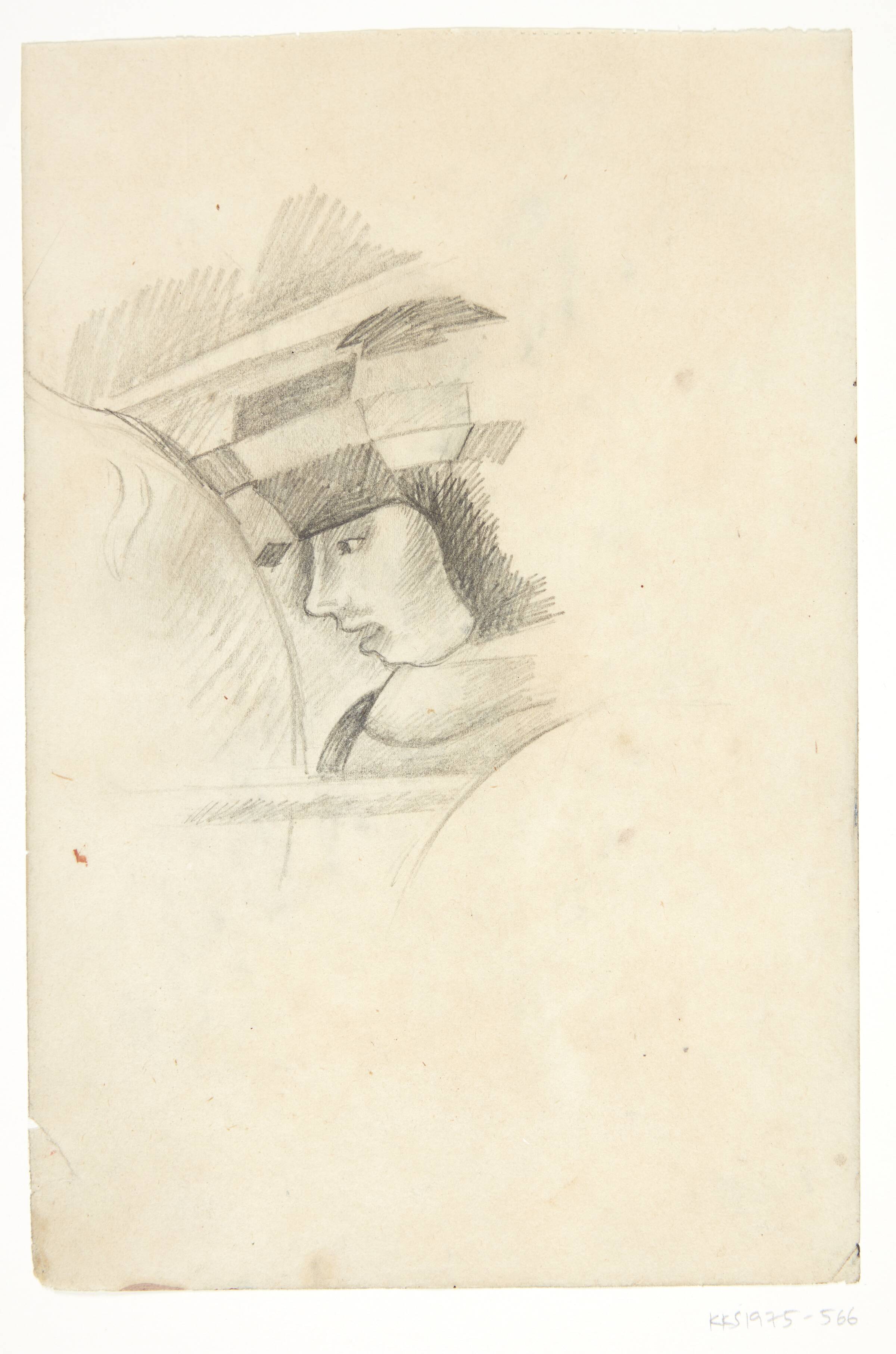 Krigerhoved i profil mod venstre. Kompositionsskitse til P. Uccellos "La Battaglia", William Scharff, 1901-1959