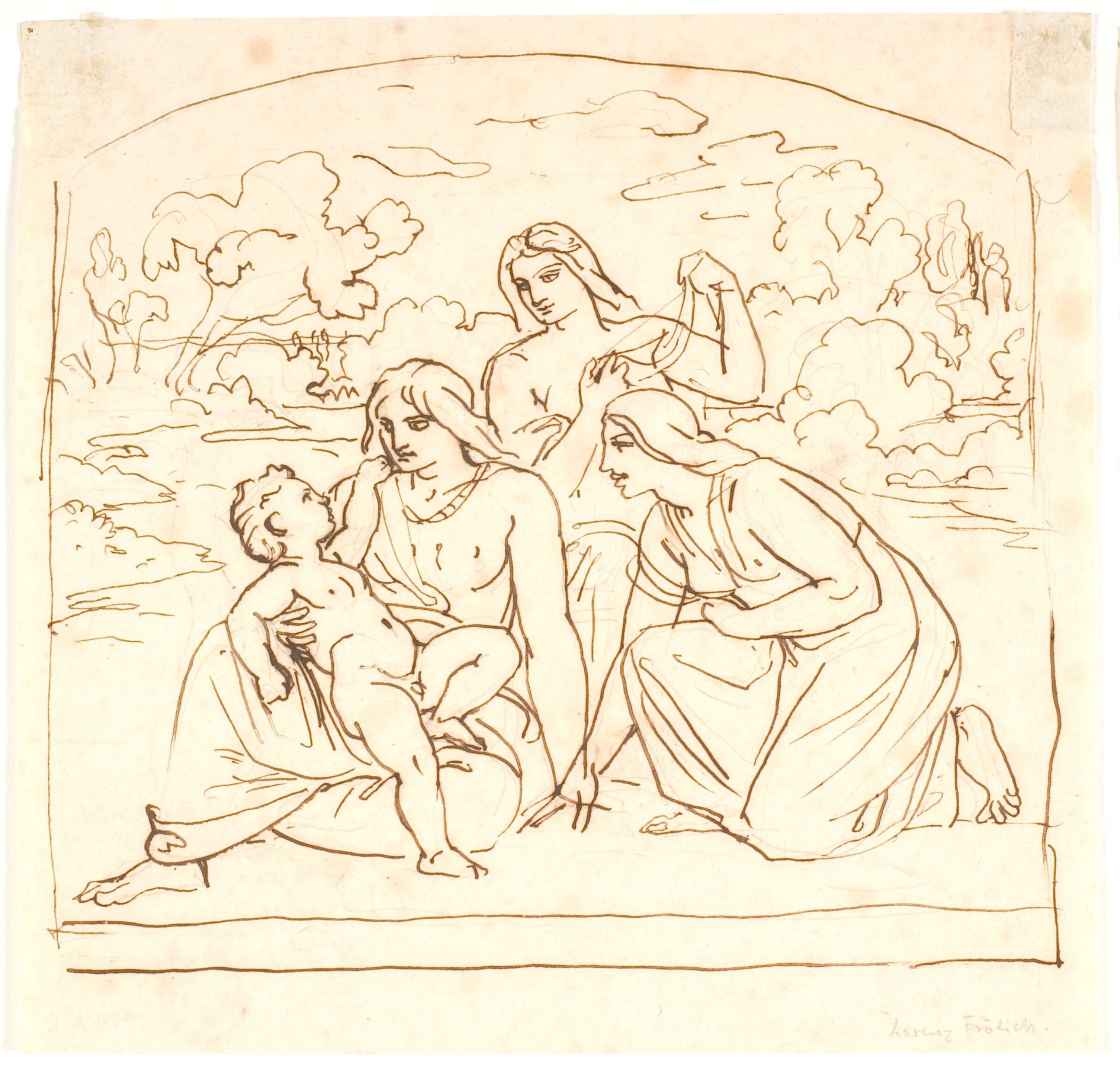 Tre kvinder med et barn. (Moses findes af Faraos datter?), Lorenz Frølich, 1820-1908