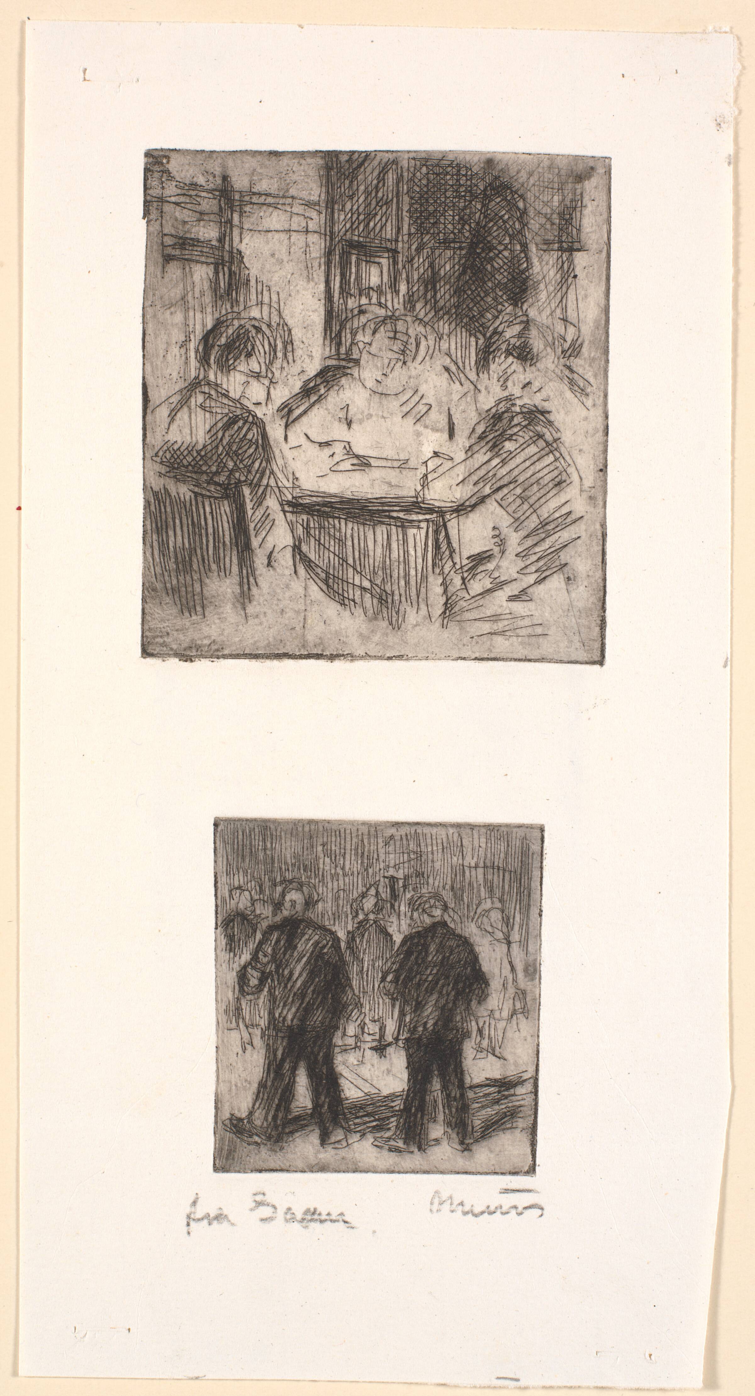 To raderinger på et blad: cafescene og musikanter, Jane Muus, 1945