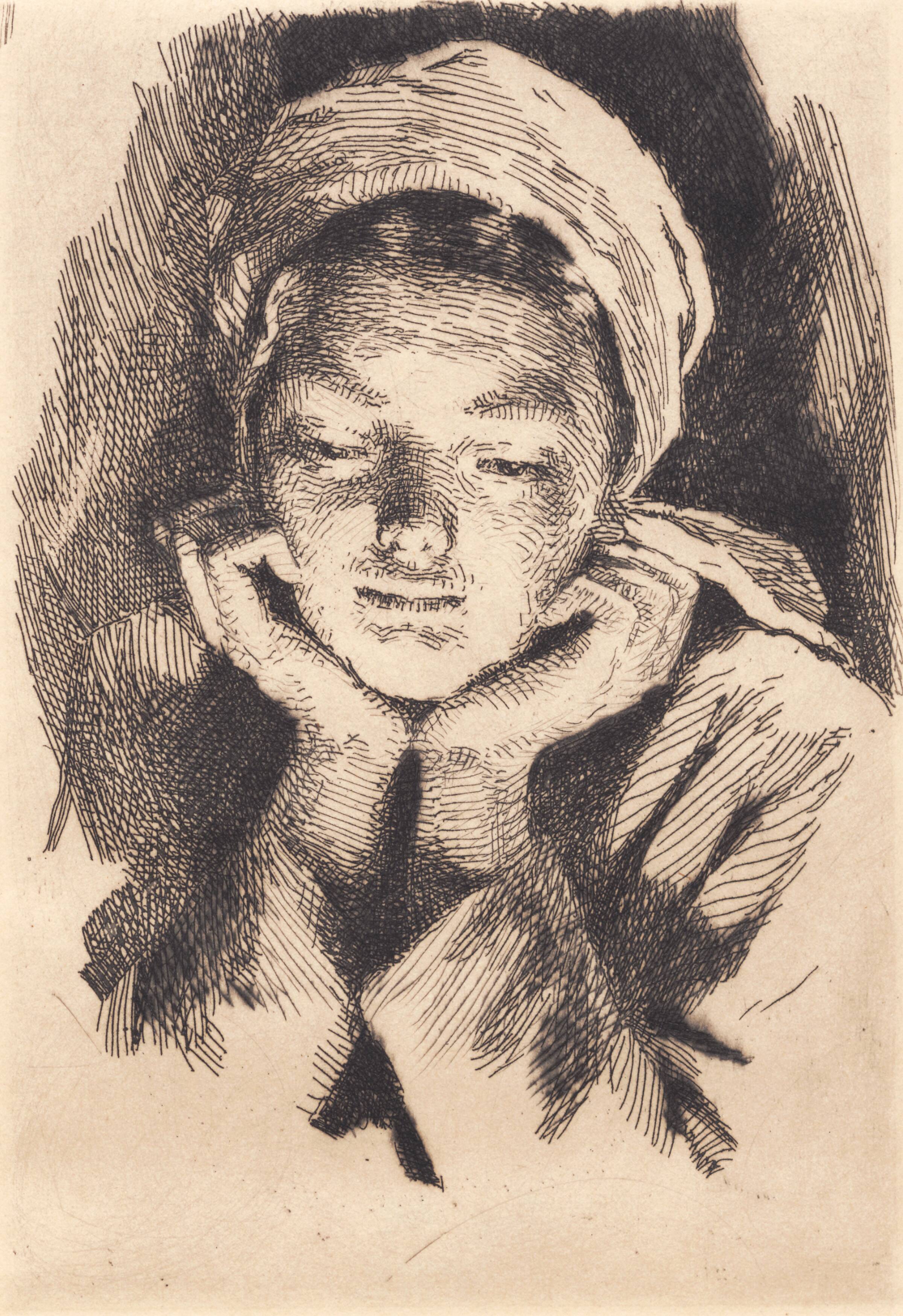 Ung kvinde med hue, en face, støttende hovedet i hænderne. Brystbillede, Frans Schwartz, 1865-1917