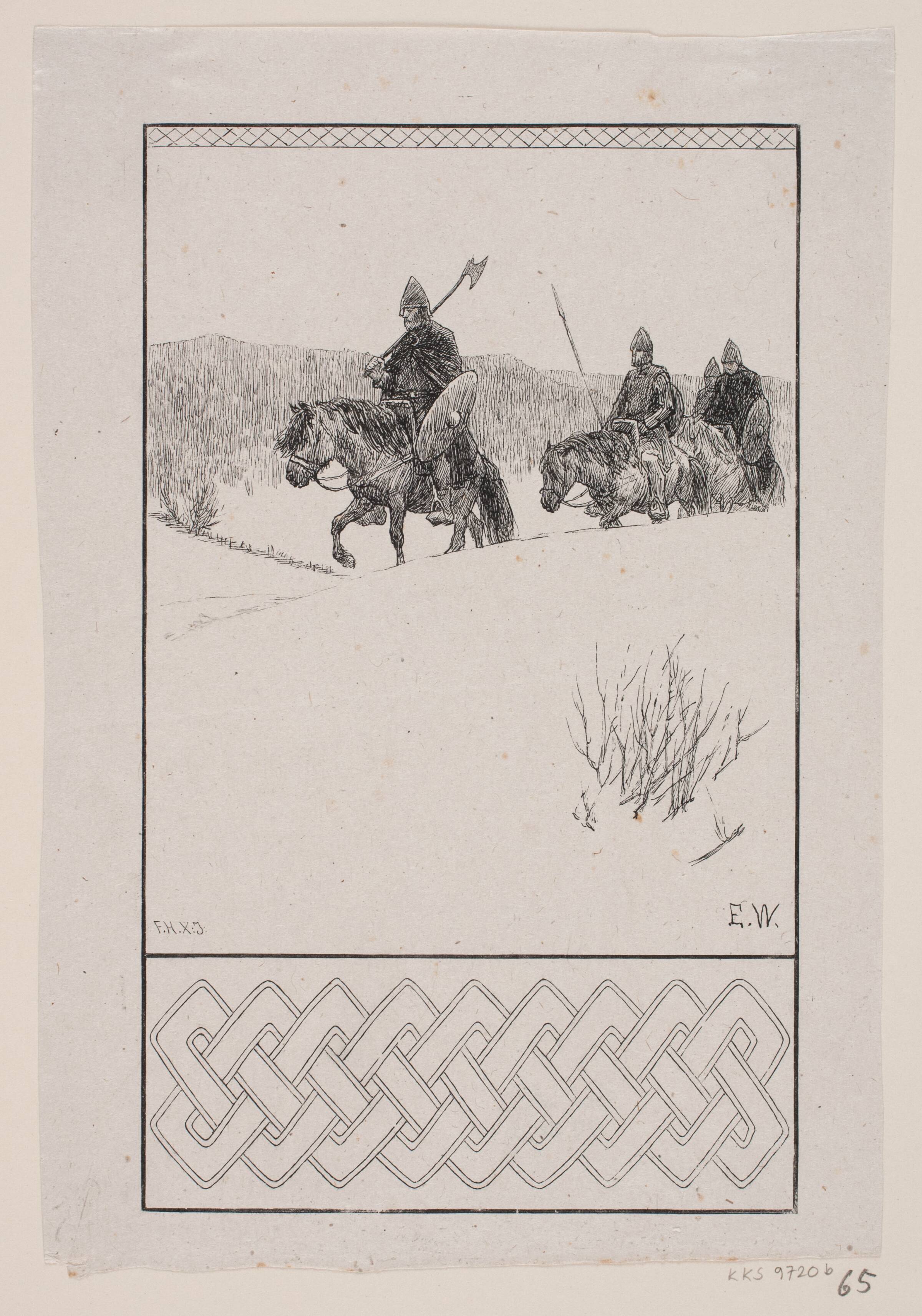 Bagsideillustration til Nordahl Rolfsen, Vor fædres liv, Waldemar Bøhme, 1880-1888