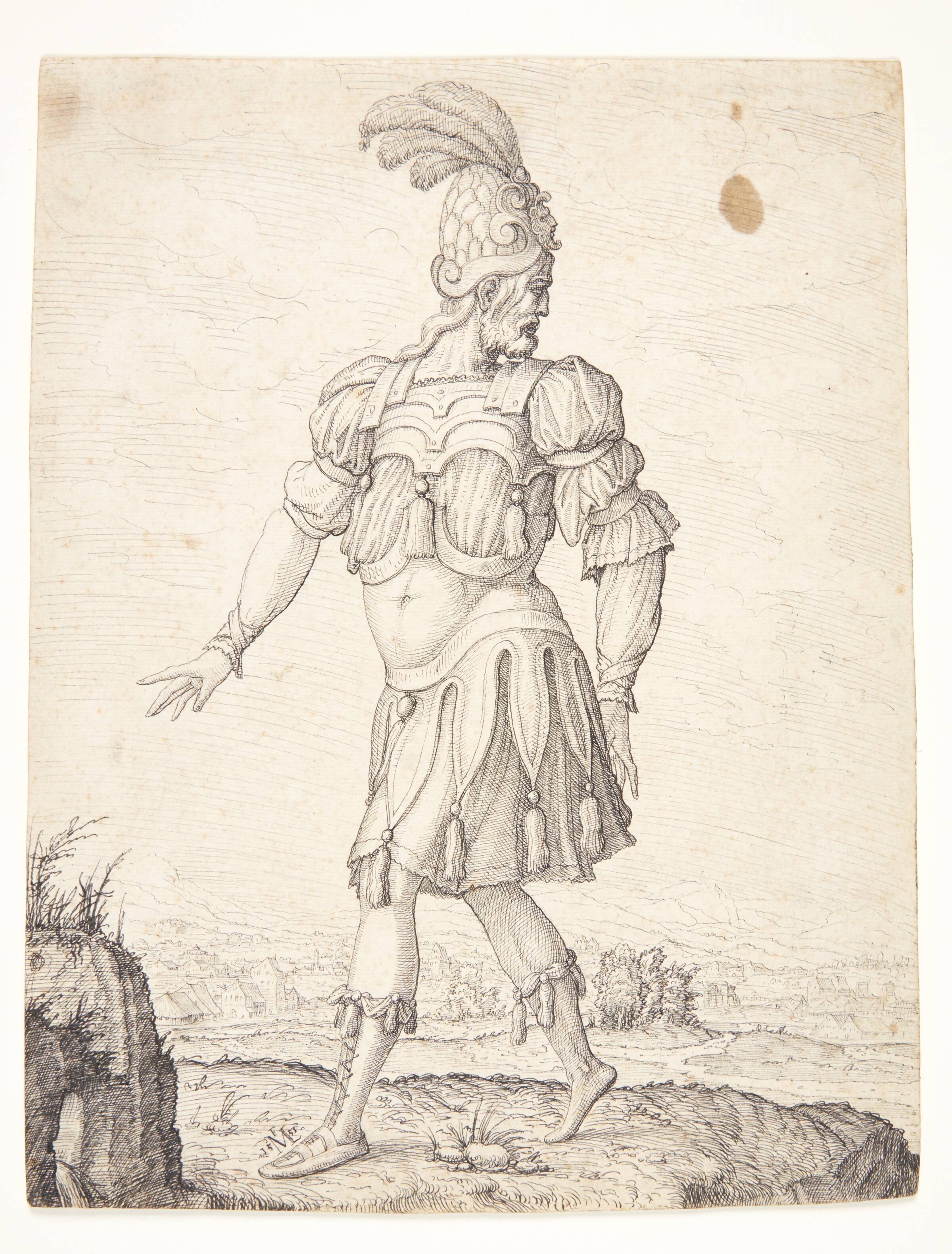Mand i romersk dragt, pegende mod en kilde, Melchior Lorck, 1551