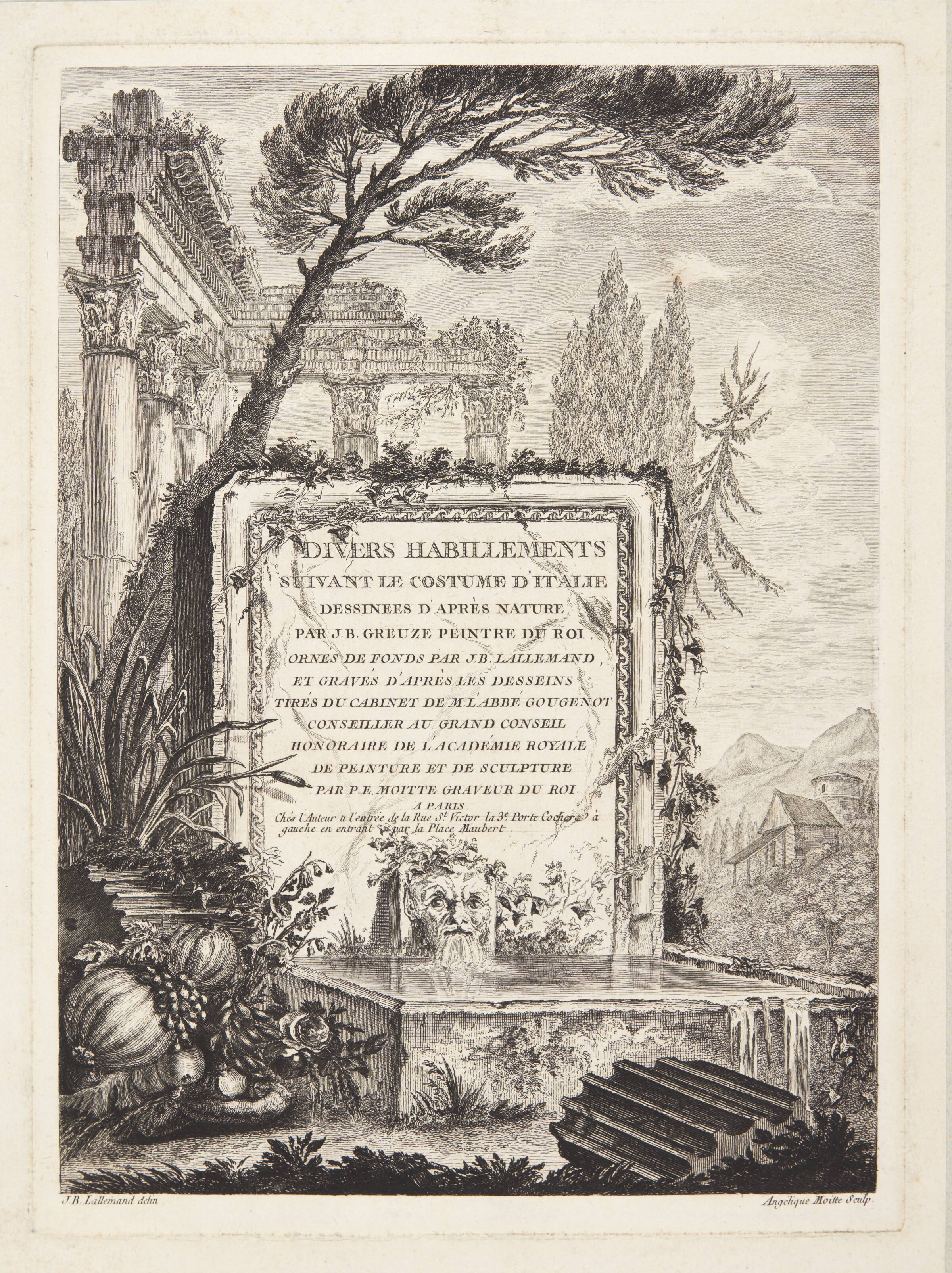 Titelblad til "Italienske klædedragter" (Divers habillements suivant le costume d'Italie), Rose Angélique Moitte, 1760-1769