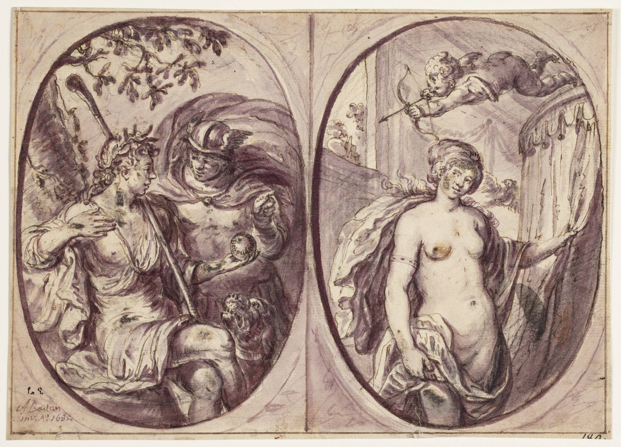 To ovale kompositioner på ét blad. Til venstre sidder en hyrdinde (Diana?) med stav og en hund ved sin side. Hun holder et æble, som Merkur i kappe synes at have bragt hende; på dette står: "Det: pulcherrima". I ovalen til højre er en næsten nøgen, stående kvindefigur, set til knæene, i færd med at gå ind i et telt; ovenover en svævende amor med bue og pil