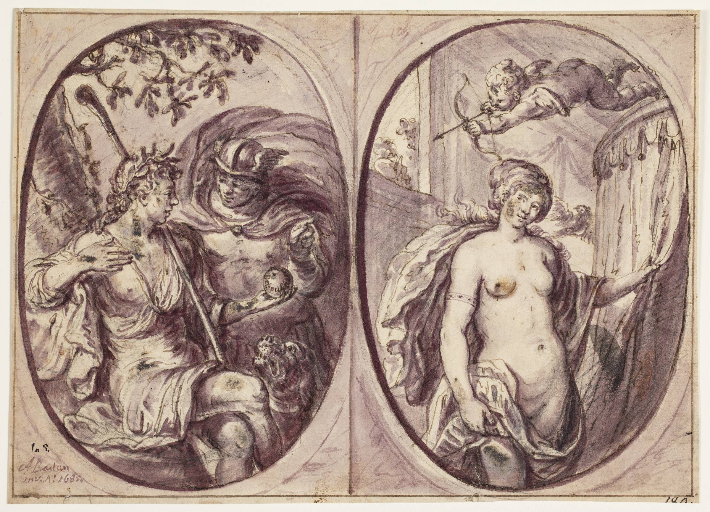 To ovale kompositioner på ét blad. Til venstre sidder en hyrdinde (Diana?) med stav og en hund ved sin side. Hun holder et æble, som Merkur i kappe synes at have bragt hende; på dette står: "Det: pulcherrima". I ovalen til højre er en næsten nøgen, stående kvindefigur, set til knæene, i færd med at gå ind i et telt; ovenover en svævende amor med bue og pil, Andreas Bodan, 1685