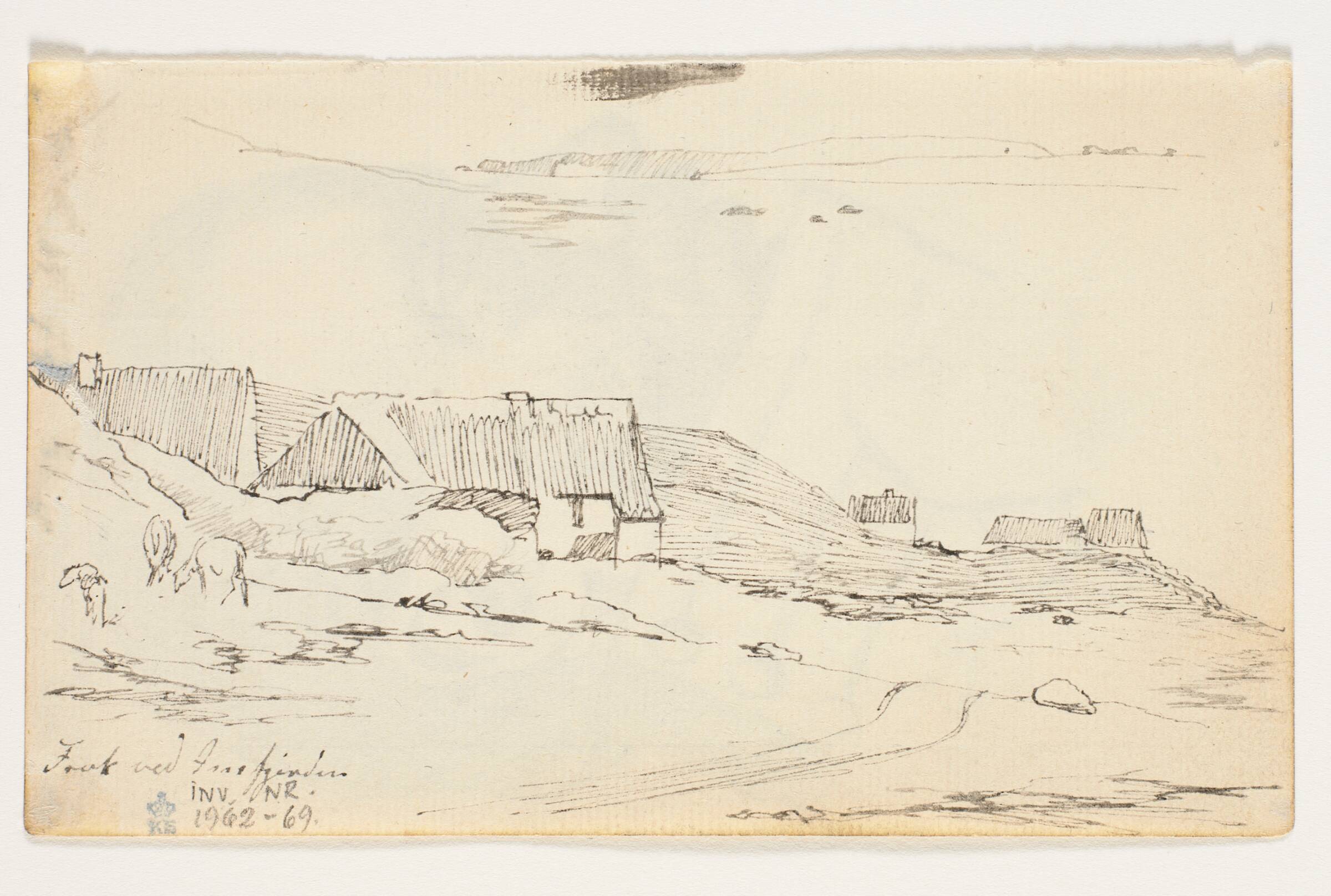 Landskab med gårde. F.o. løst landskabsstudie., Johan Thomas Lundbye, 1839