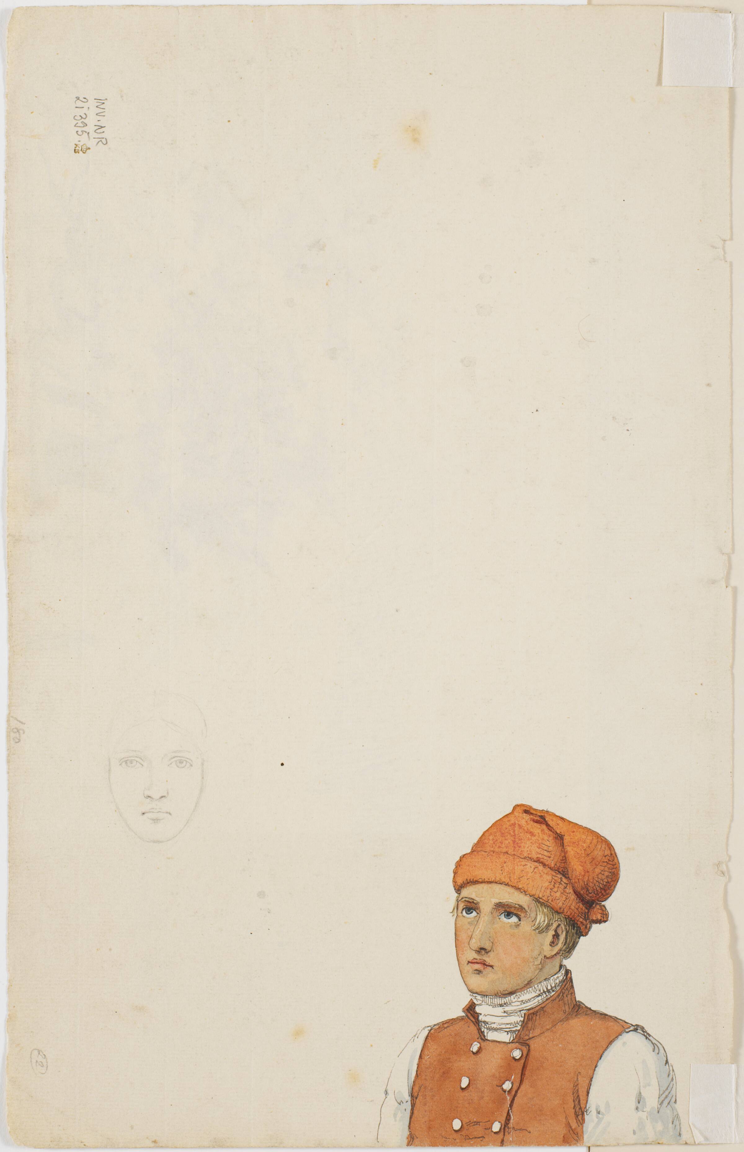 Brystbillede af en ung bondekarl med rød hue og rød vest samt blyants skitse af kvindehoved en face., P.C. Skovgaard, 1841