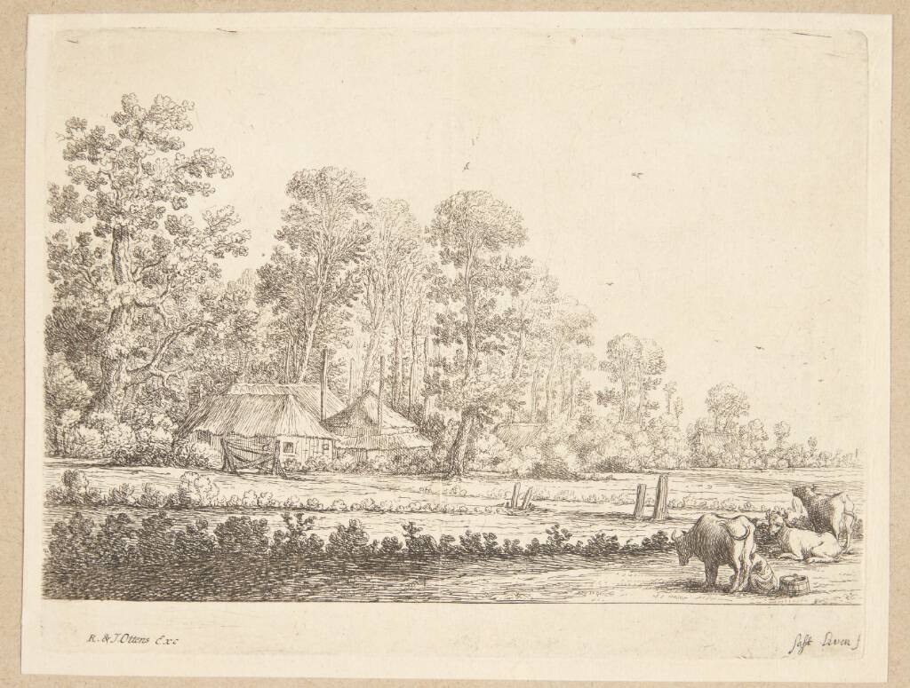 Mark med en pige, der malker en ko, i baggrunden en gård omkranset af træer, Herman Saftleven, 1609-1685