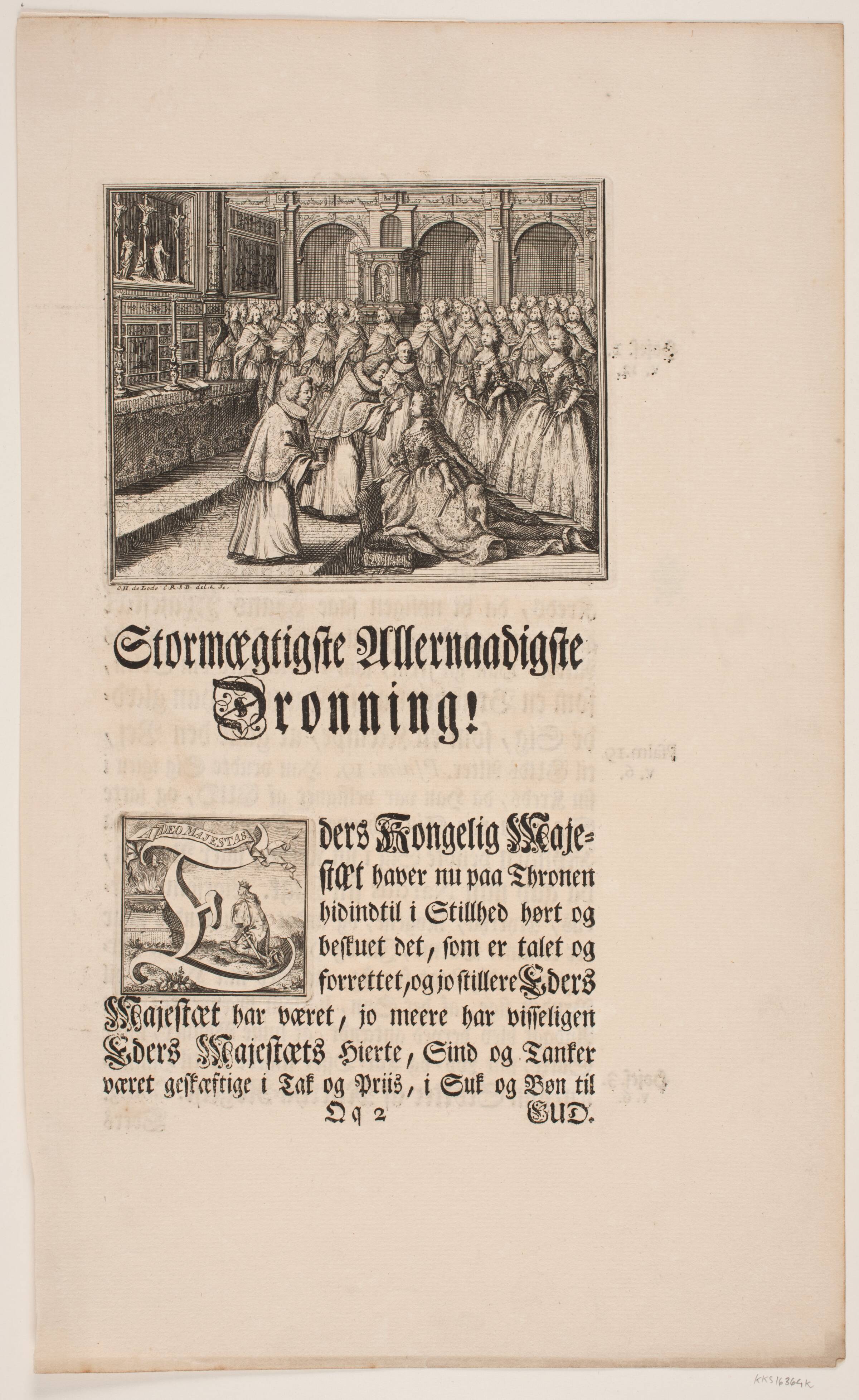 Biskop Hersleb salver Dronning Louise i Frederiksborg Slotskirke. Illustration og initial til Frederik d. IV's salvingsakt, Odvardt Helmoldt de Lode, 1749