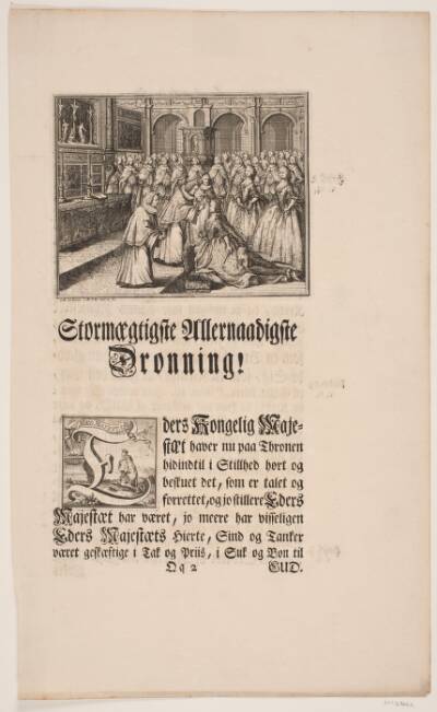 Biskop Hersleb salver Dronning Louise i Frederiksborg Slotskirke. Illustration og initial til Frederik d. IV's salvingsakt