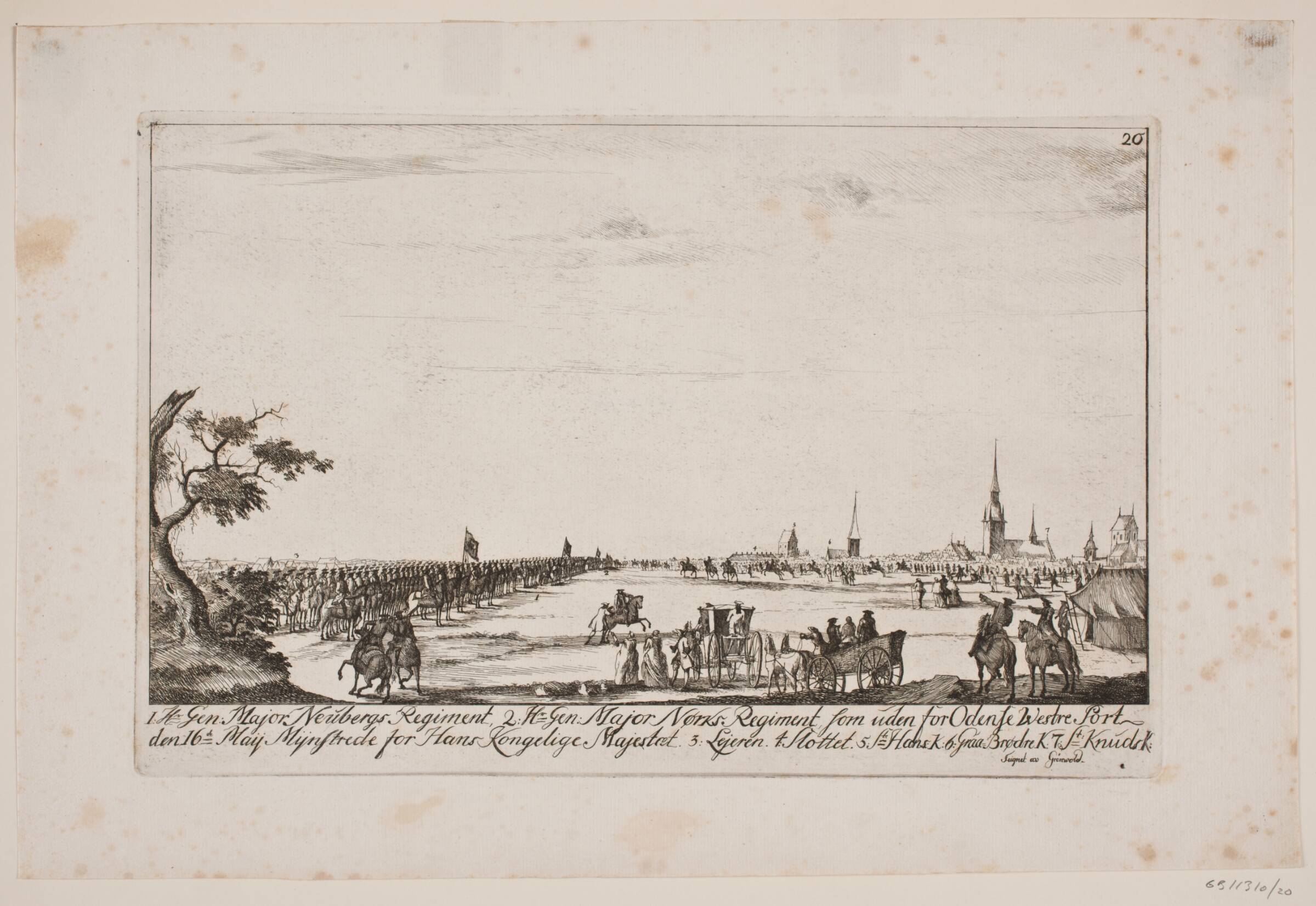 Frederik V inspicerer regimenterne uden for Vestre Port i Odense, Poul Isac Grønvold, 1749