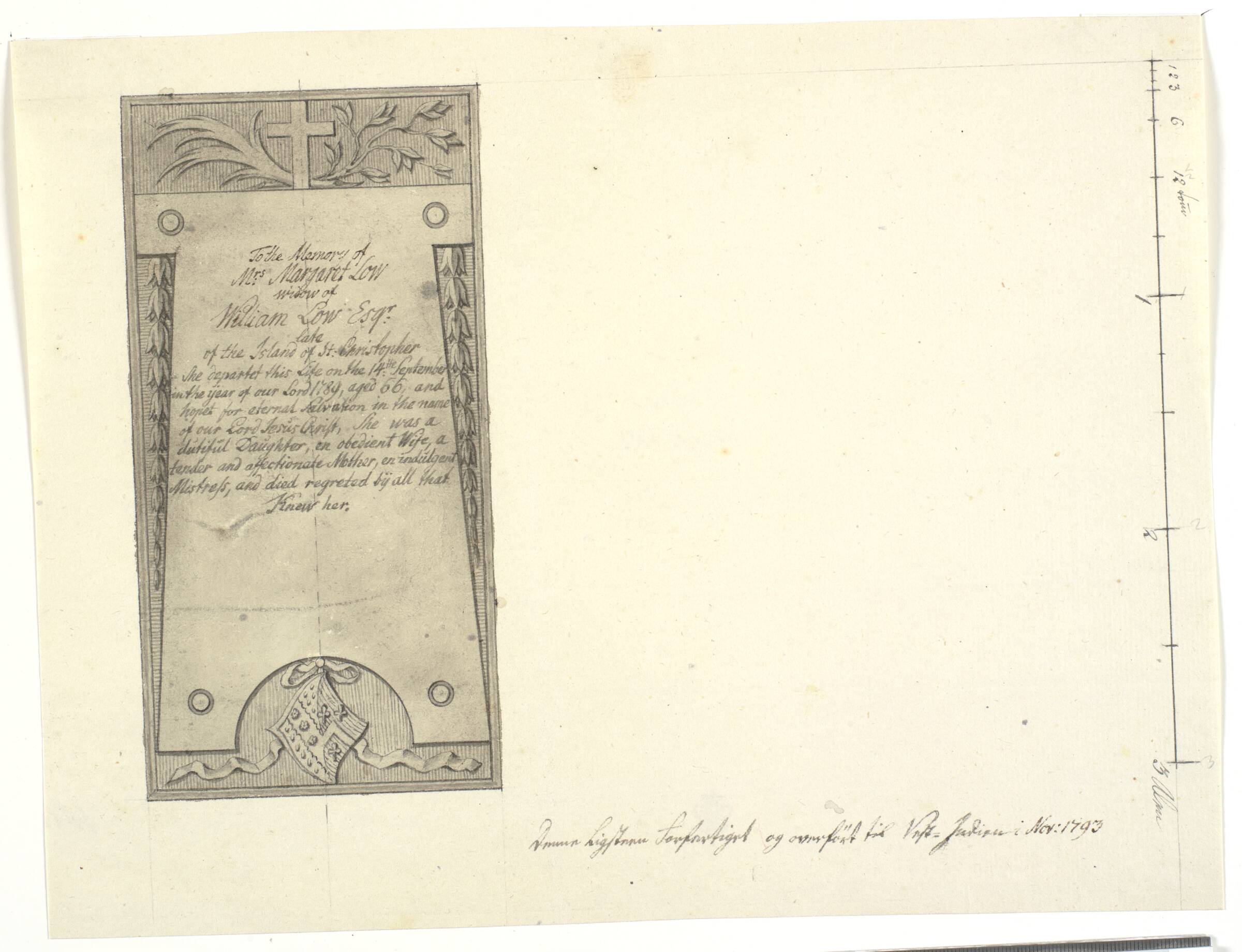 Udkast til ligsten med inskription for Mrs. Margaret Low. 1793., Andreas Weidenhaupt, 1791-1794