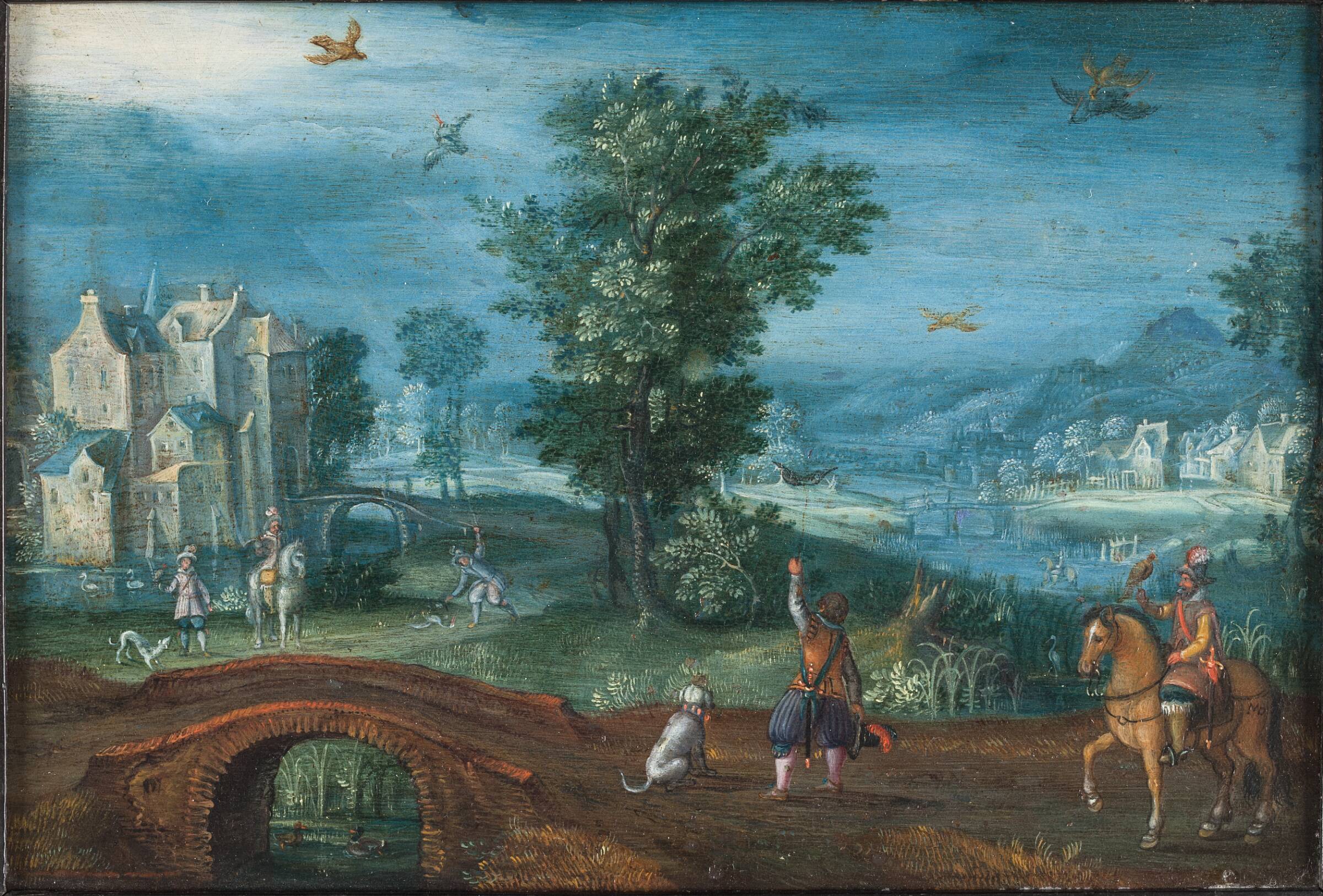 Landskab med falkejægere, Mattheus Adolfsz Molanus, 1612-1645