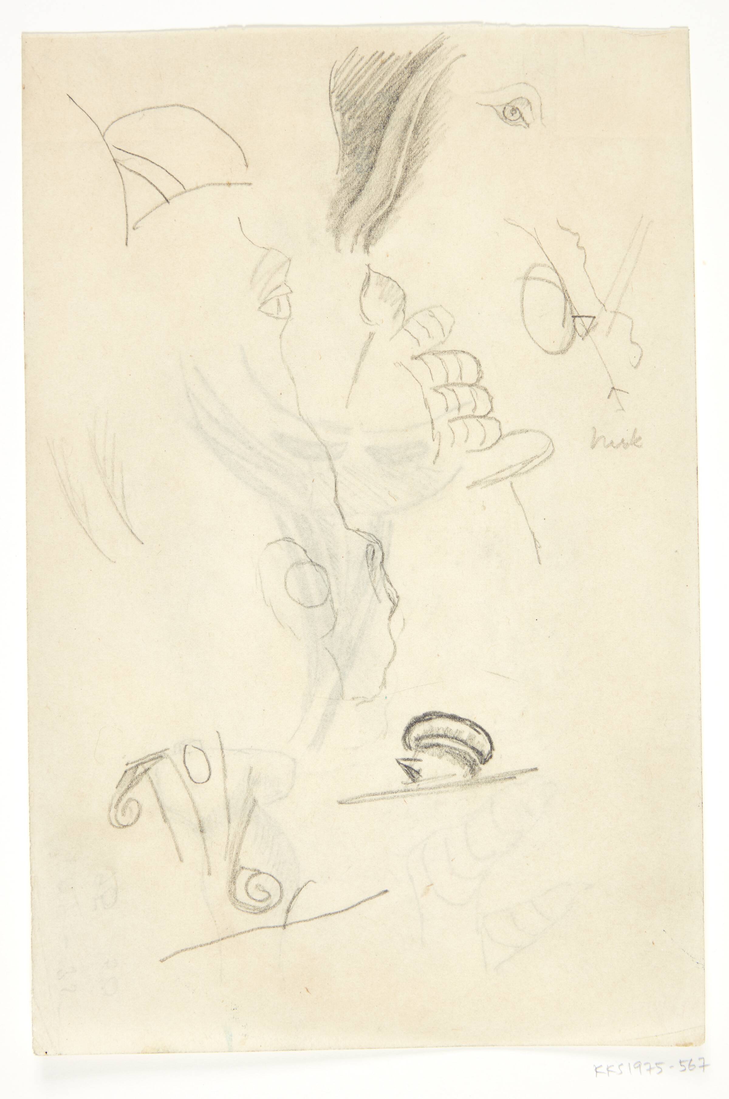 Fragment af hestehoved, jernhandske, kølle m.m. Kompositionsskitse til P. Uccellos "La Battaglia", William Scharff, 1901-1959