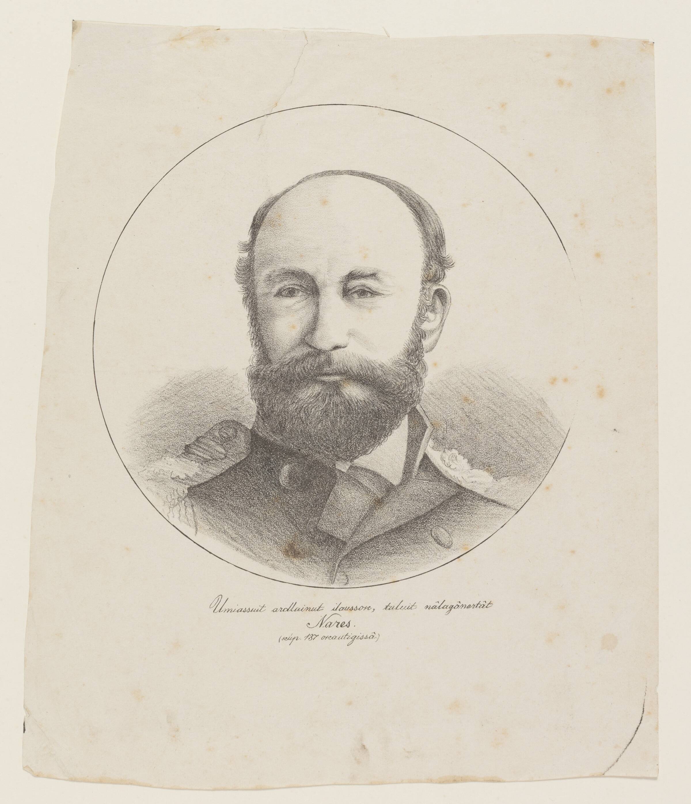 Mand med fuldskæg og uniformsjakke ("Umiassuit ardlainut ilaussoK, tuluit nâlagânertât Nares"), Lars Møller, 1878-1879