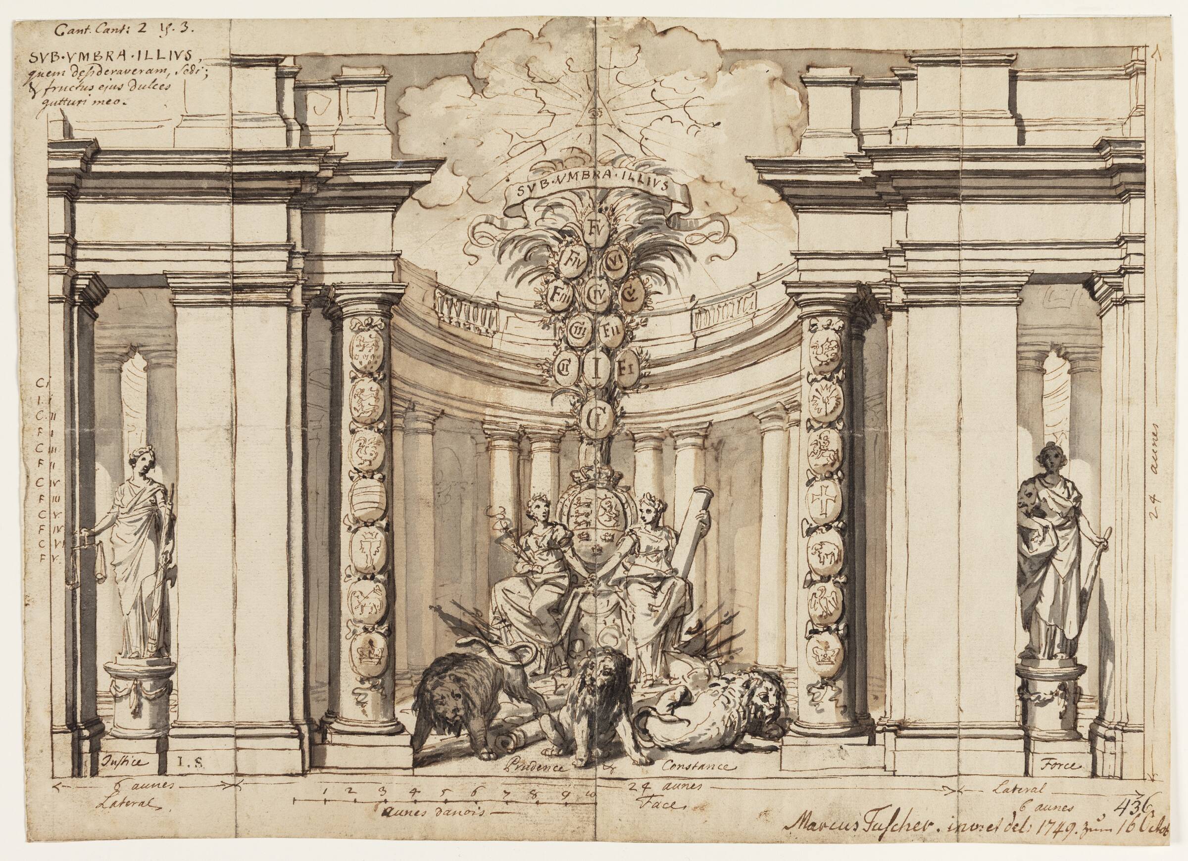 Det indre af et tempel med det danske våben og de oldenborgske kongers stamtræ, Marcus Tuscher, 1749
