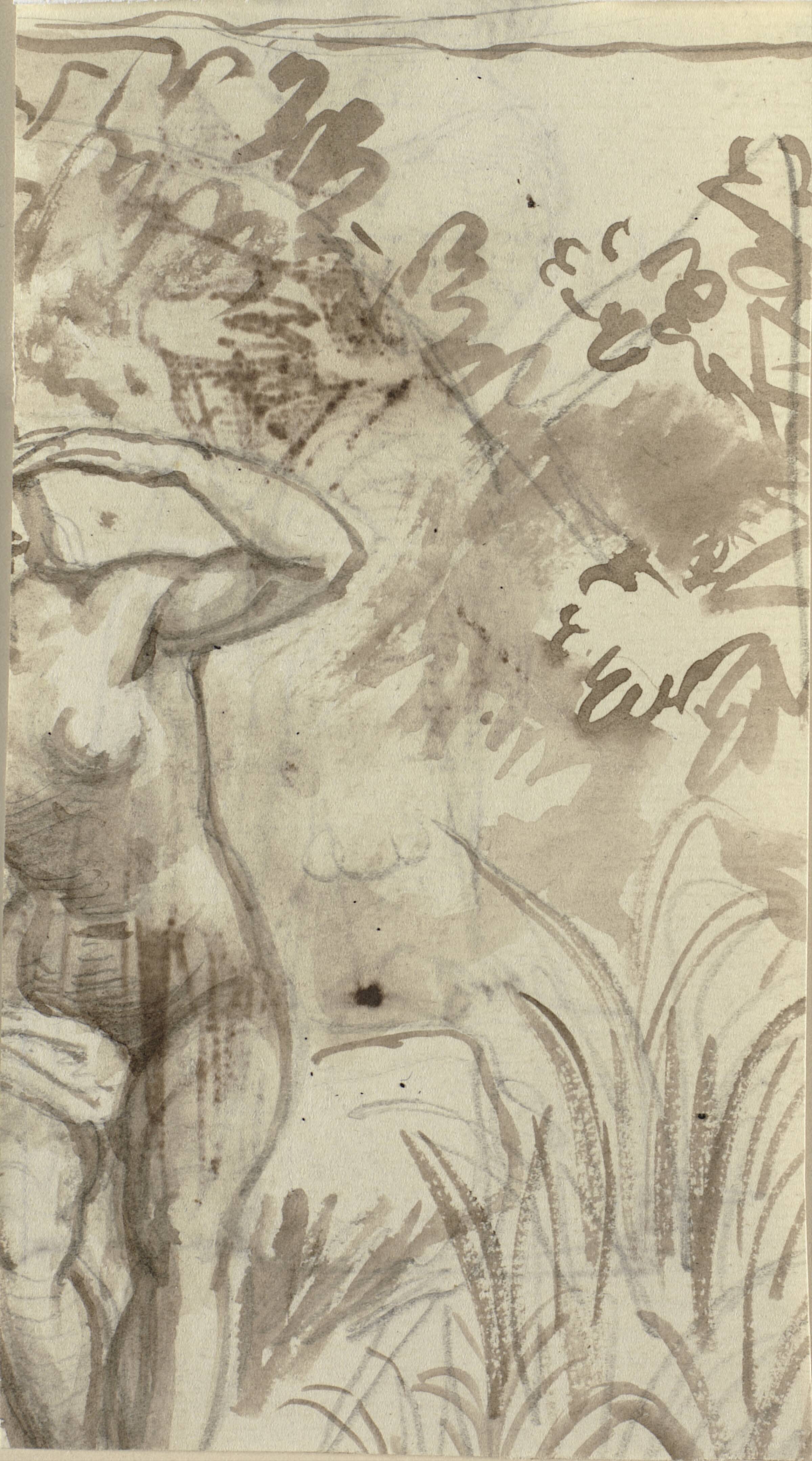 Brudstykke af tegning med nøgen kvinde i landskab, Wilhelm Marstrand, 1810-1873