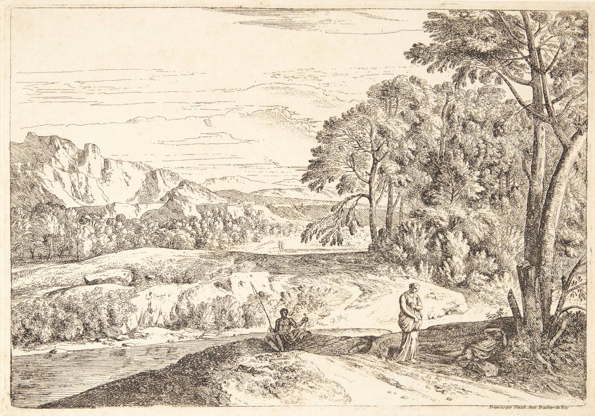 Landskab med en fisker og en gående og liggende figur