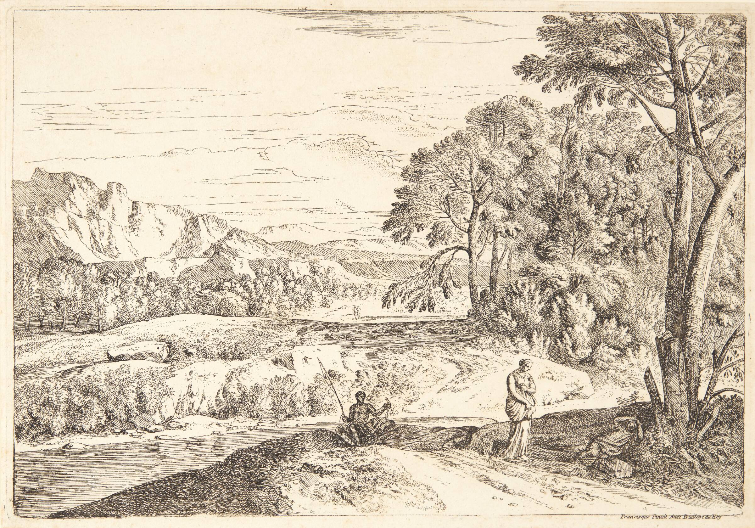 Landskab med en fisker og en gående og liggende figur, Théodore, 1690-1730