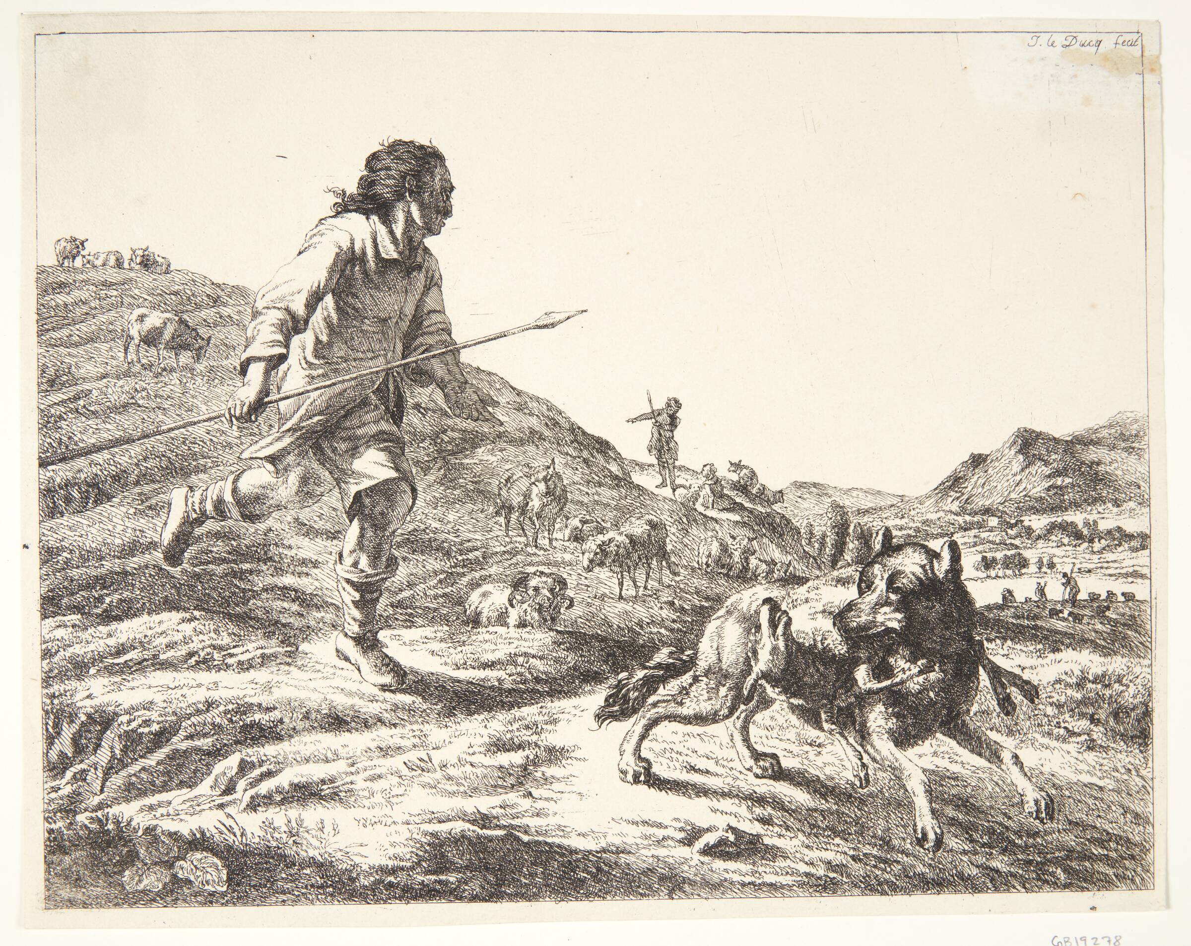 Hyrde, der jager en ulv, som har taget et lam, Johan le Ducq, 1629-1676