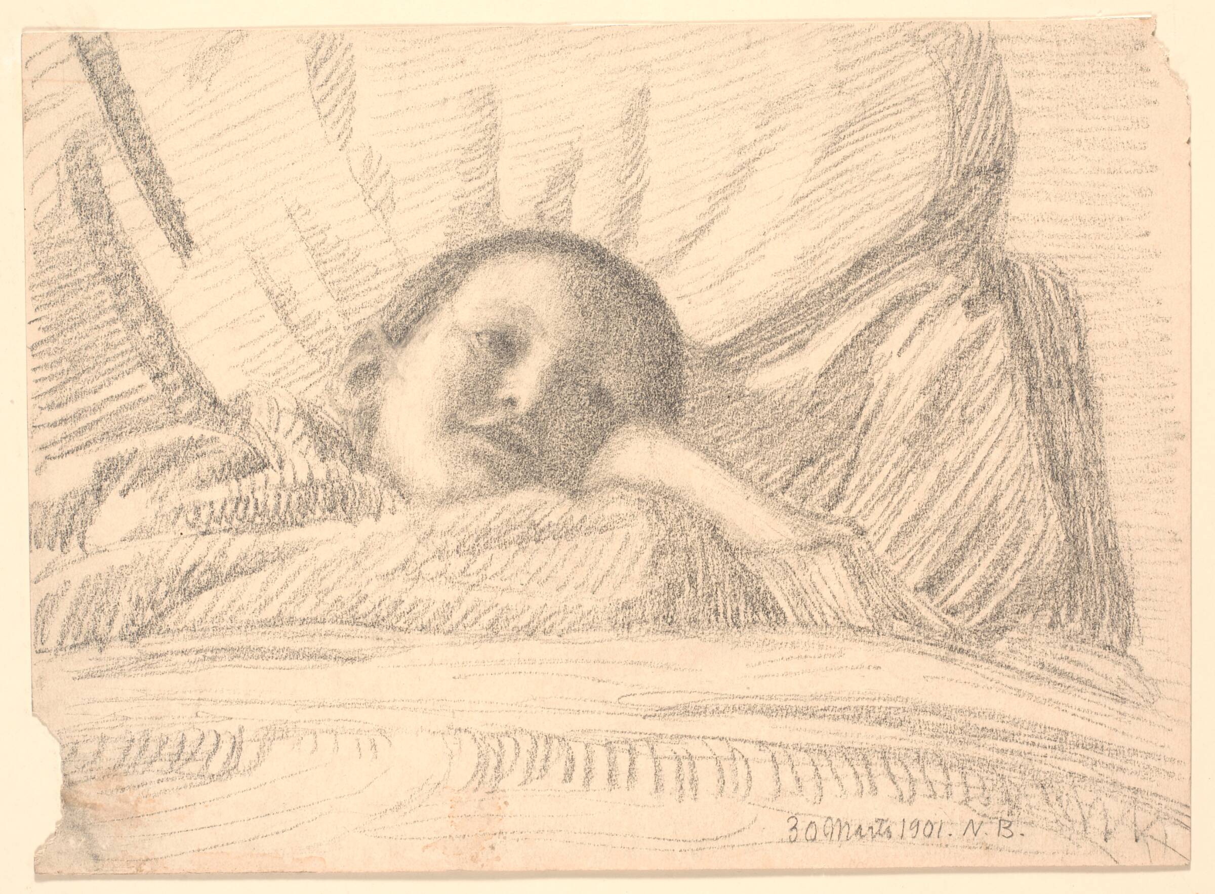 Barn (lille pige?) der ligger i sengen, Niels Bjerre, 1901