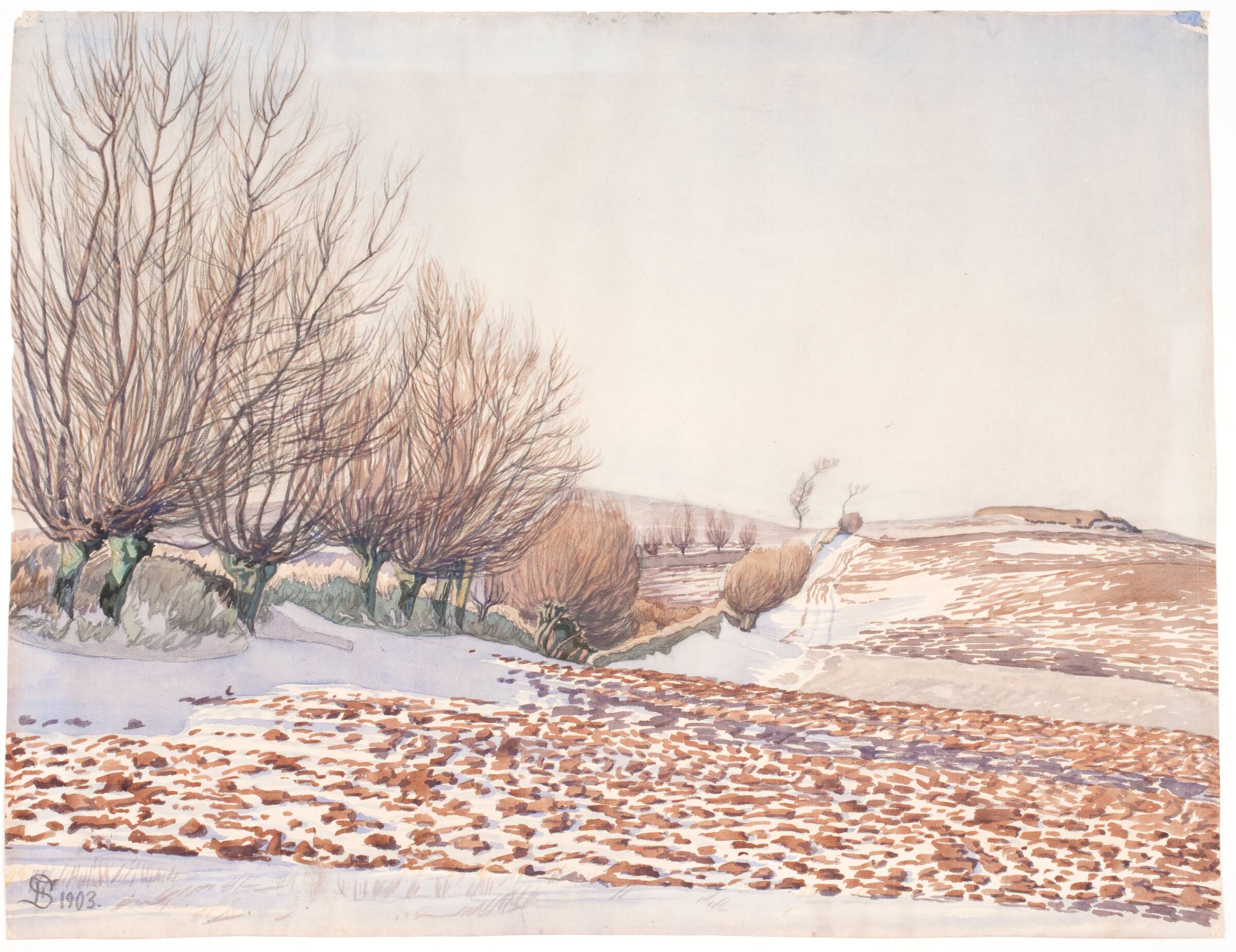 Landskab med piletræer og pløjemark i sne, Fritz Syberg, 1903