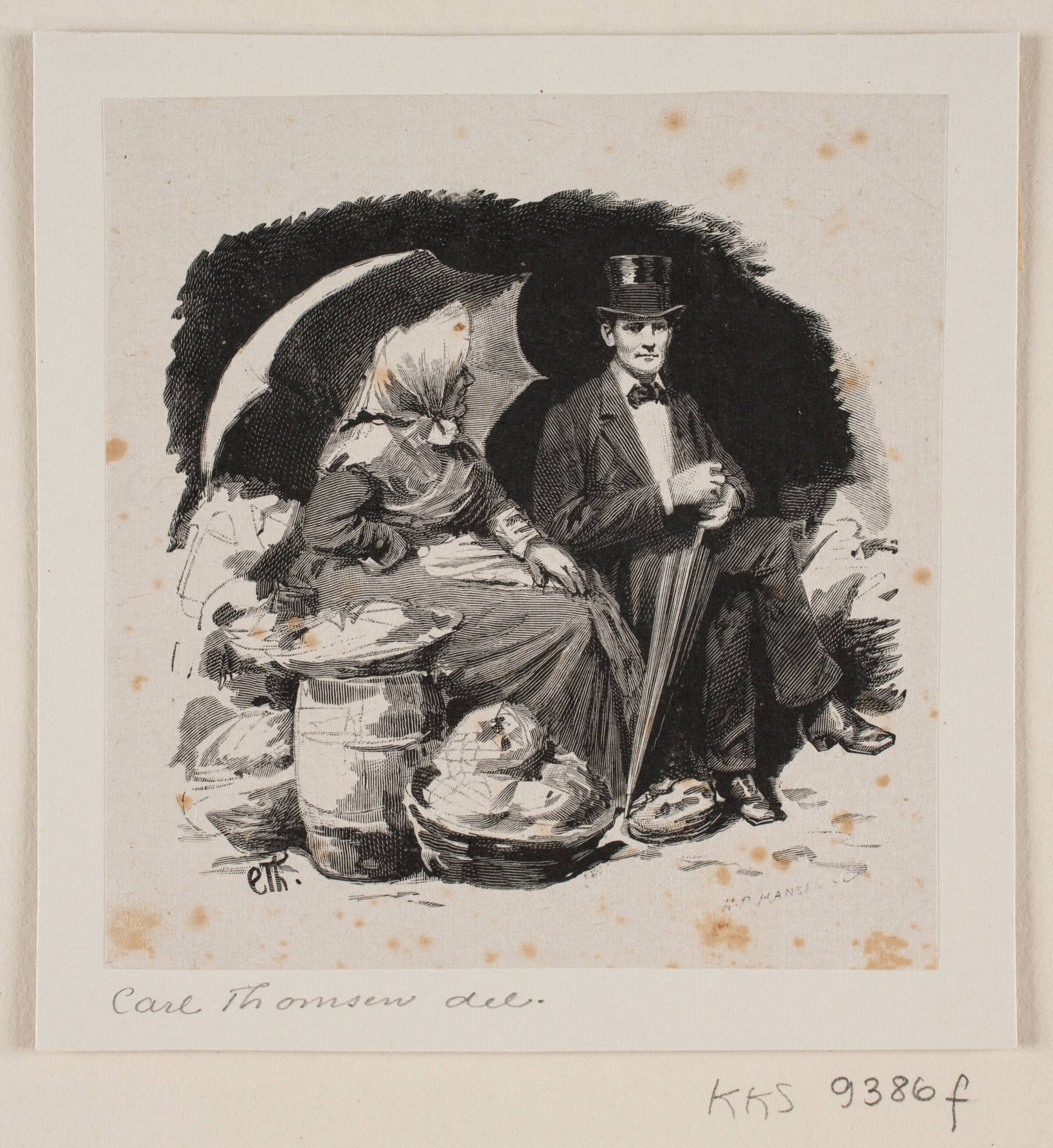 Torvekone i samtale med en siddende herre, Hans Peter Hansen, 1847-1912