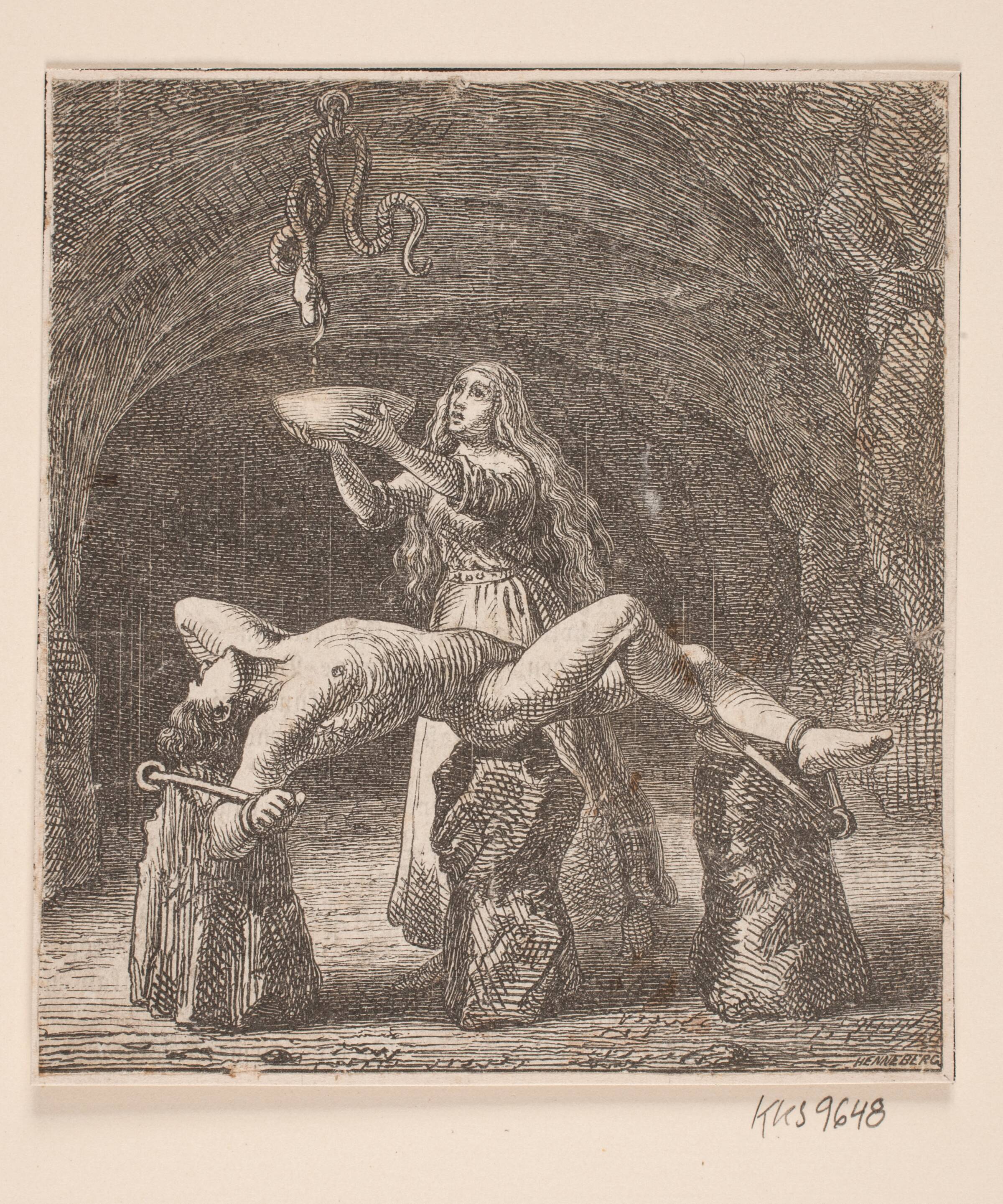 Sigyn holder skålen mellem slangen og Loke, H.C. Henneberg, 1826-1893