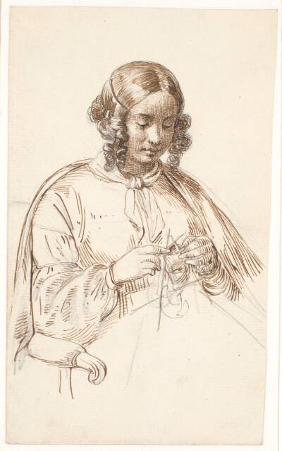 Ung strikkende dame, halv figur