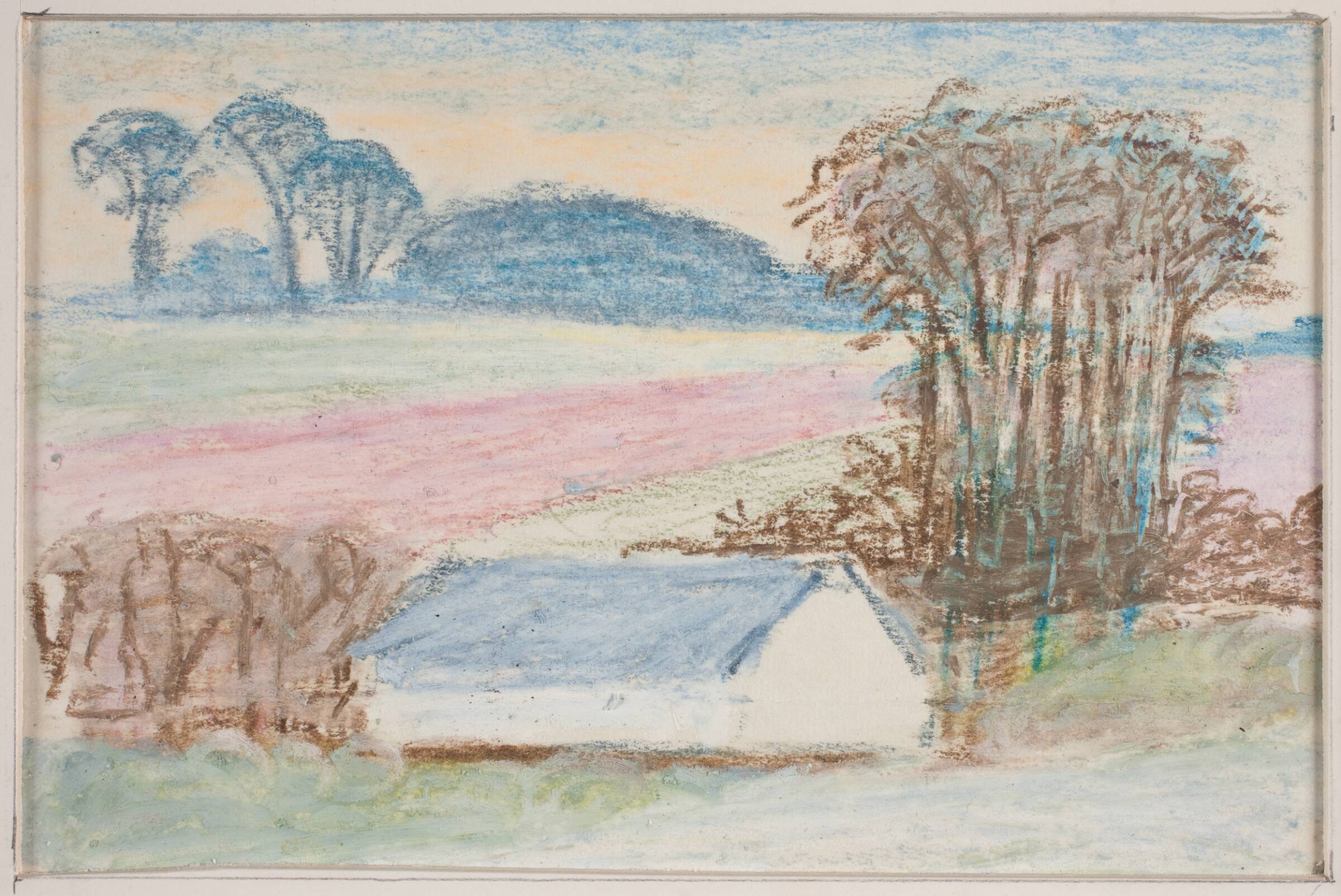 Vinterlandskab med et bondehus, i baggrunden træer, Henrik Starcke, 1899-1973