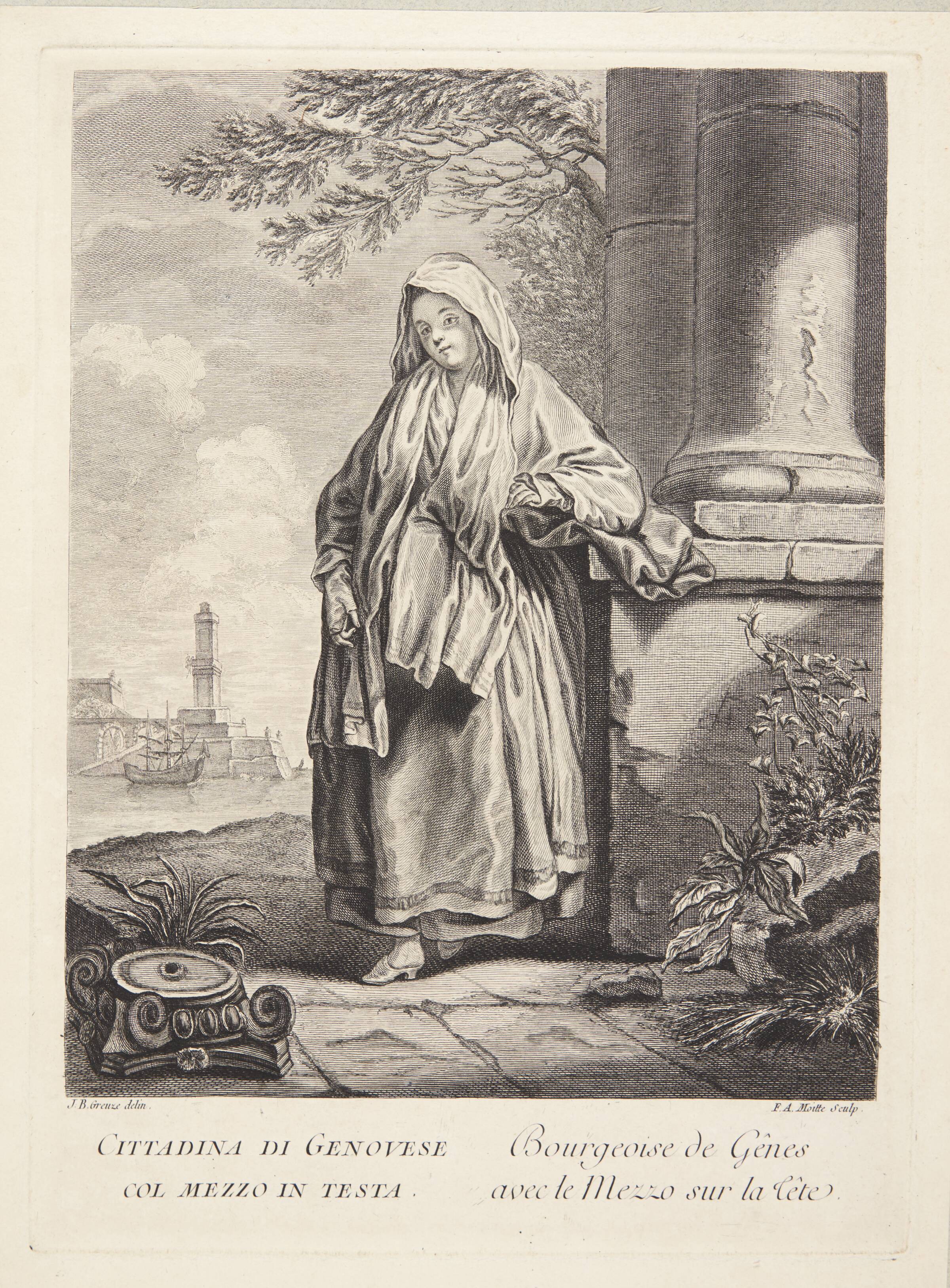 Kvinde fra Genova (Bourgeoise de Gênes avec le Mezzo sur la tête), François Auguste Moitte, 1760-1769
