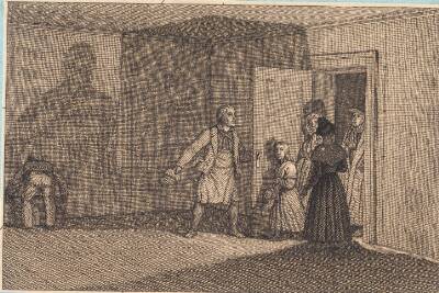 Rejsende får vist deres værelse. Illustration til "Linearperspectiven", Tavle VIII