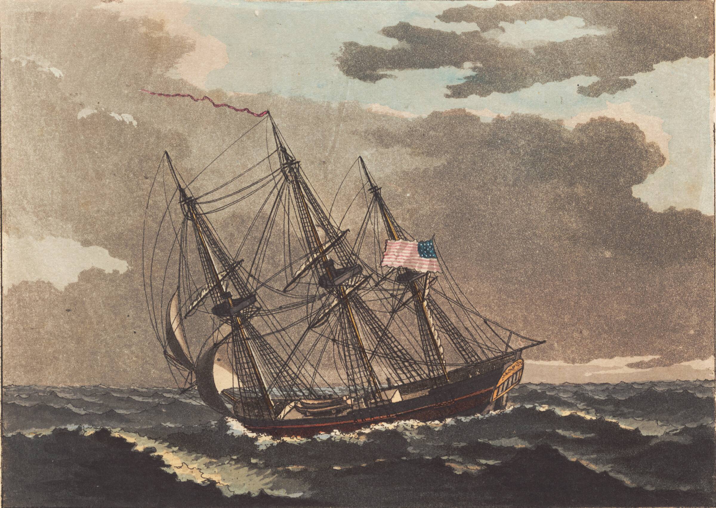 Et amerikansk skib lensende for en fok, Niels Truslew, 1805