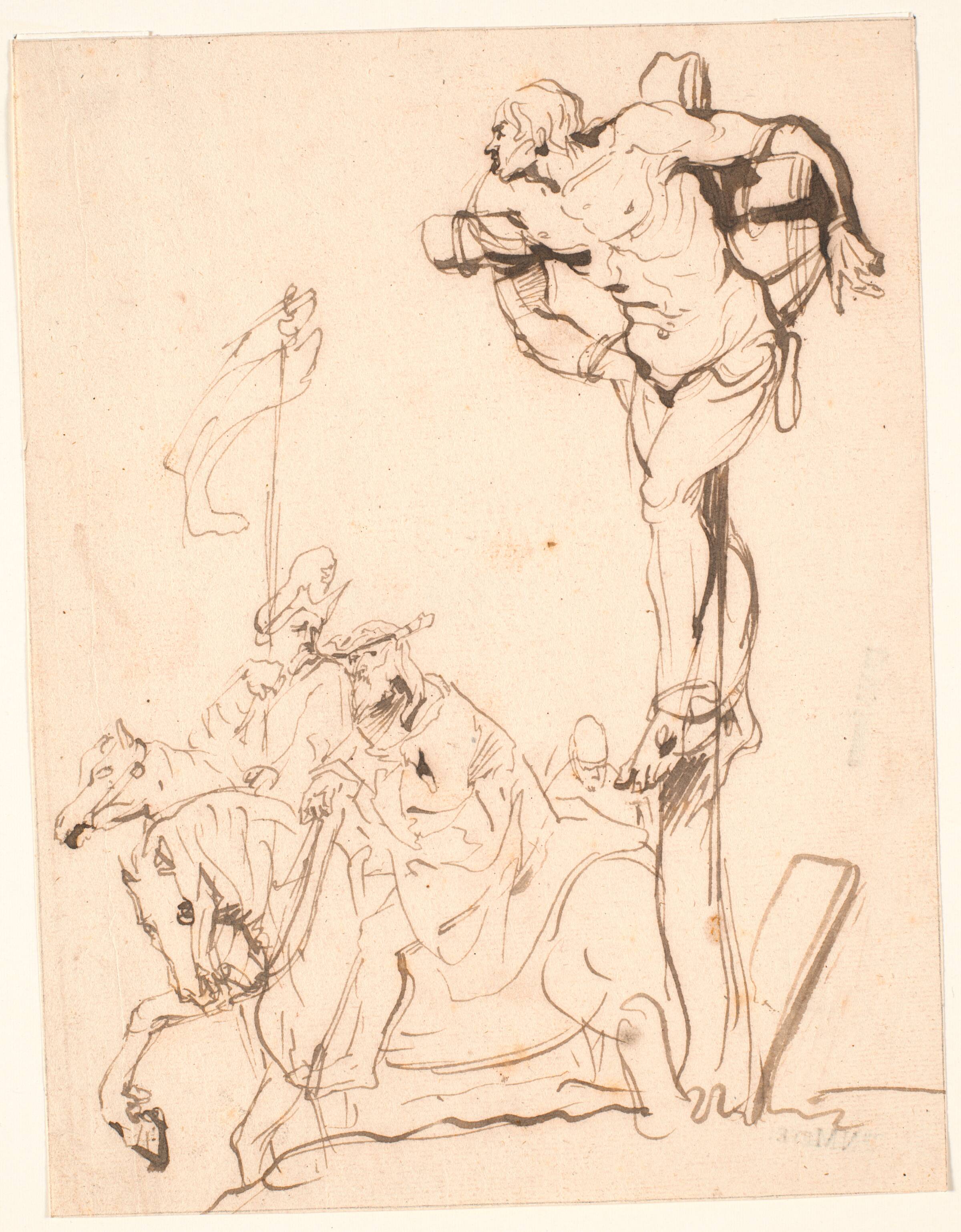 Krosfæstet røver, ryttere ved korsets fod, Jürgen Ovens, 1623-1678