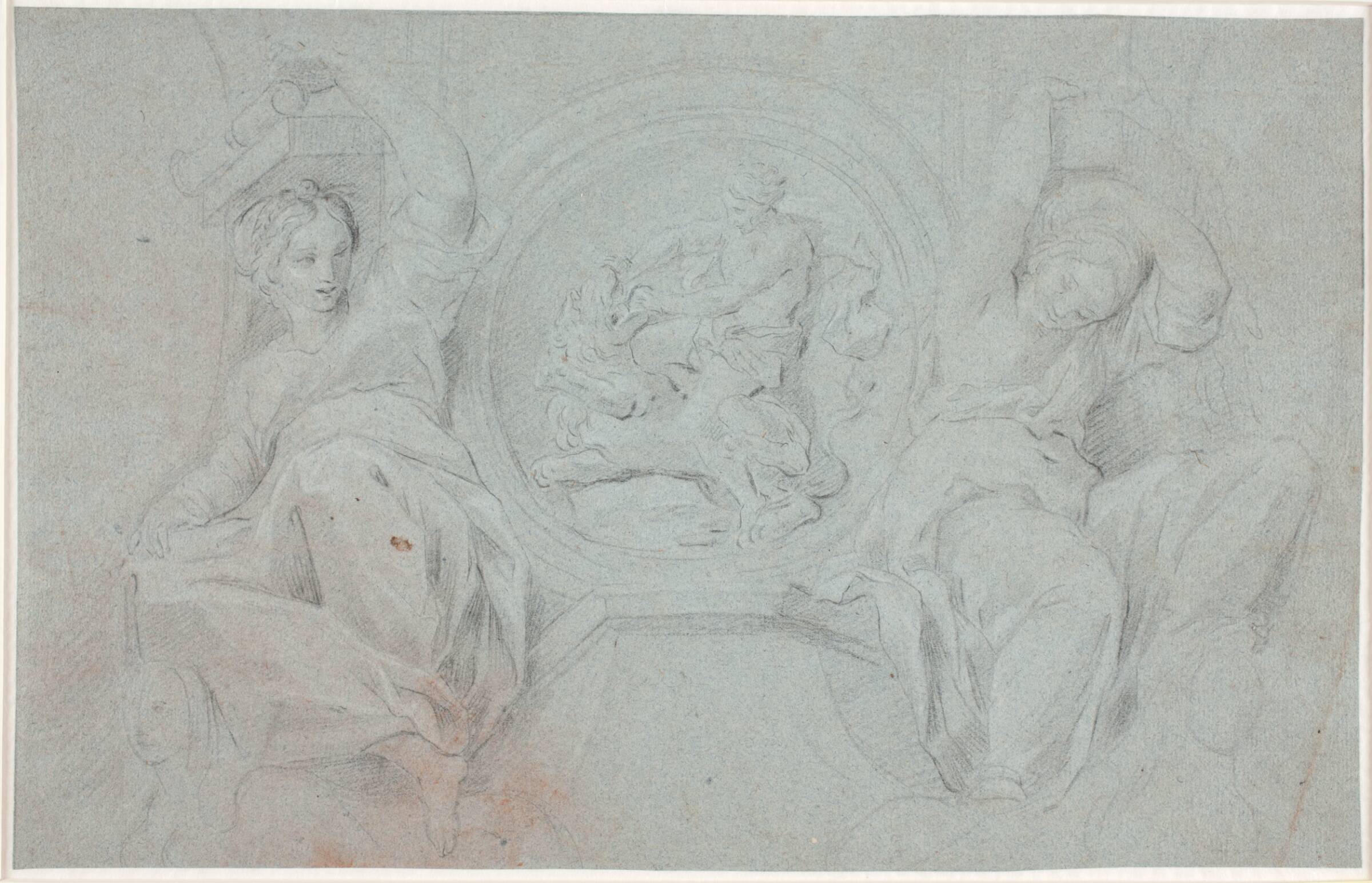 To siddende kvindefigurer omkring en medaillon med Herakles' (eller Samsons) kamp med løven, Hendrik Krock, 1671-1738