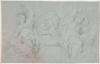 To siddende kvindefigurer omkring en medaillon med Herakles' (eller Samsons) kamp med løven