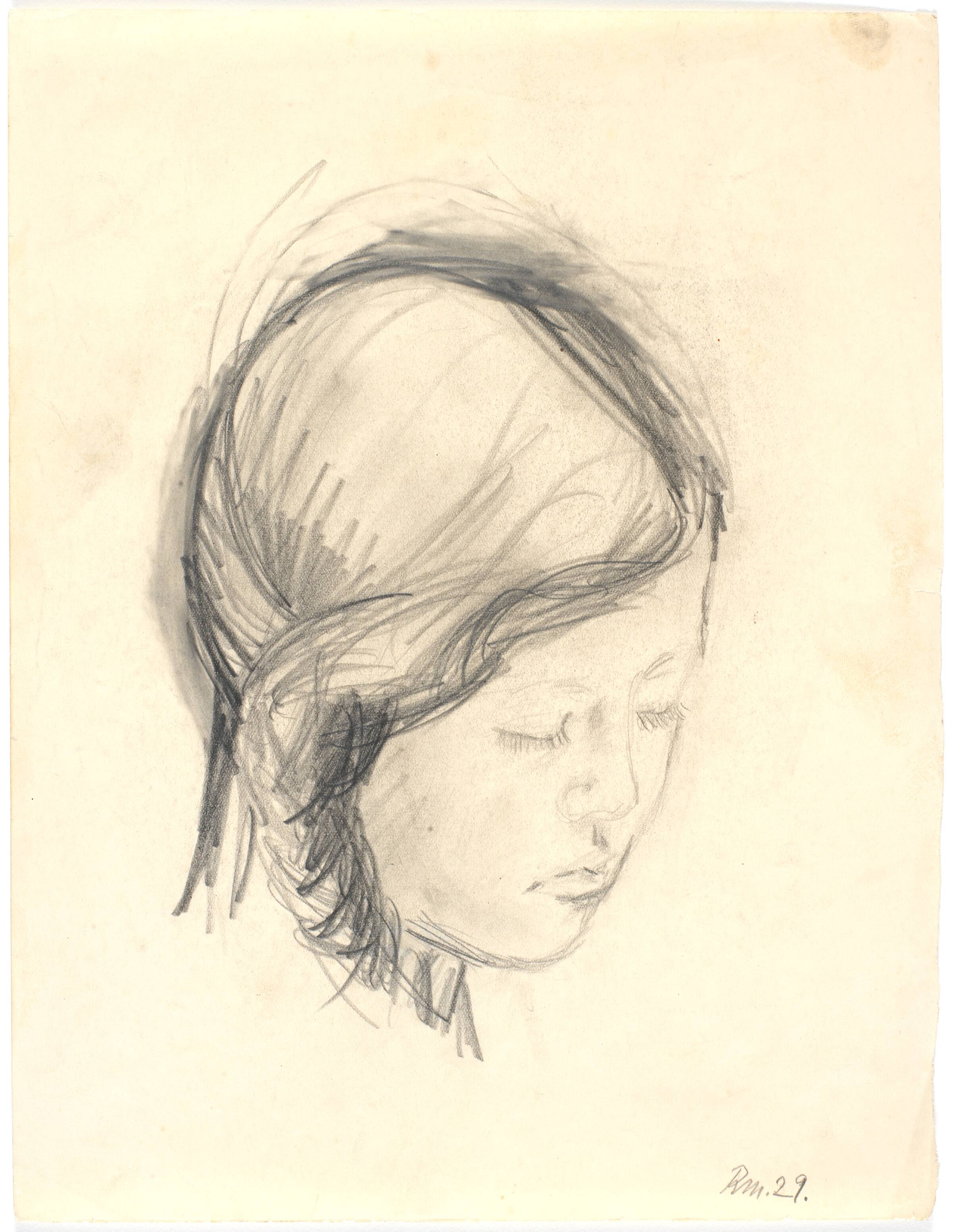 Portræt af en ung pige med lukkede øjne og let bøjet hoved i trekvart profil mod højre, Richard Mortensen, 1927-1930