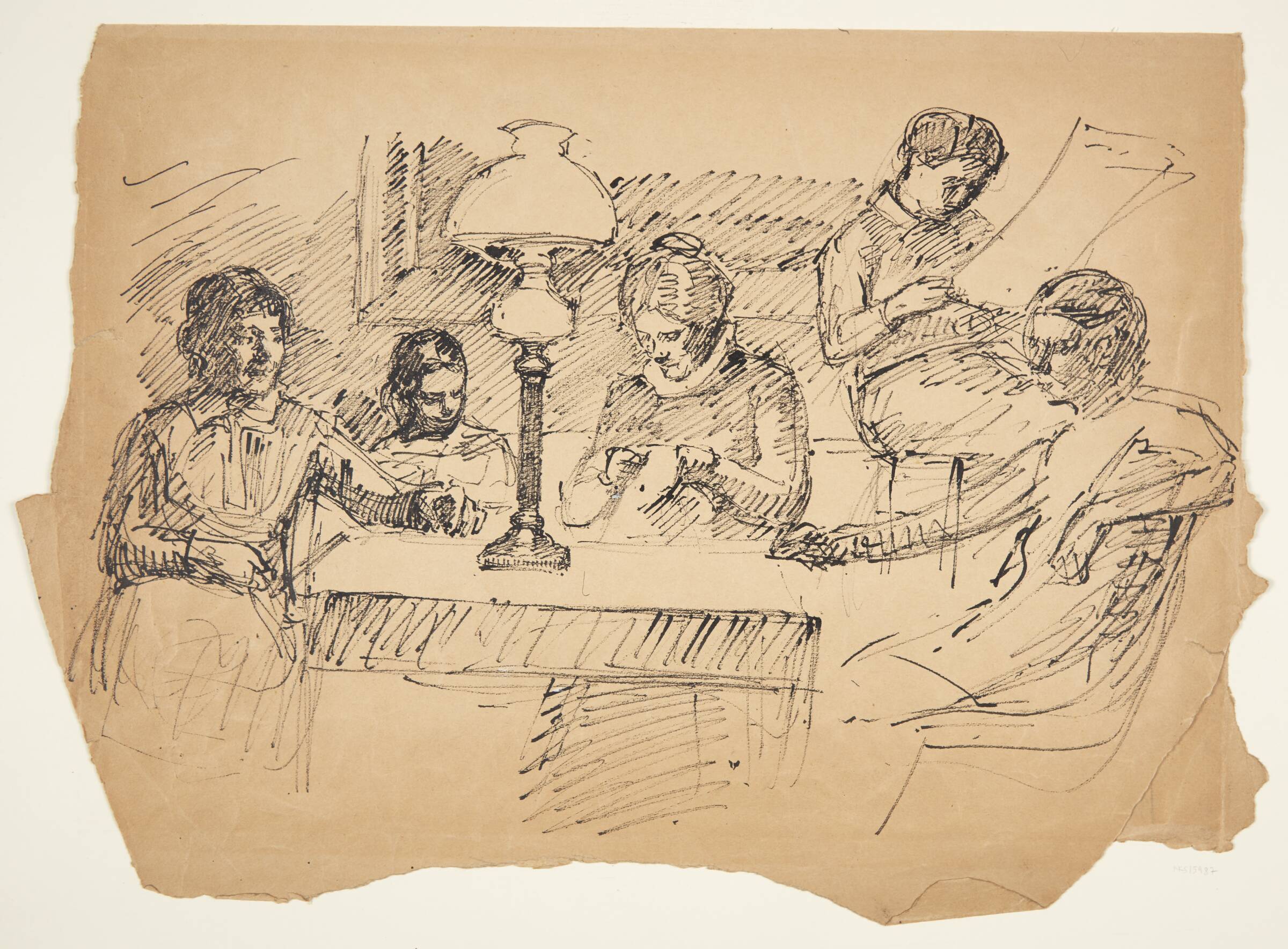 Kunstnerens familie siddende omkring et bord med en petroleumslampe, Peter Hansen, 1908-1910