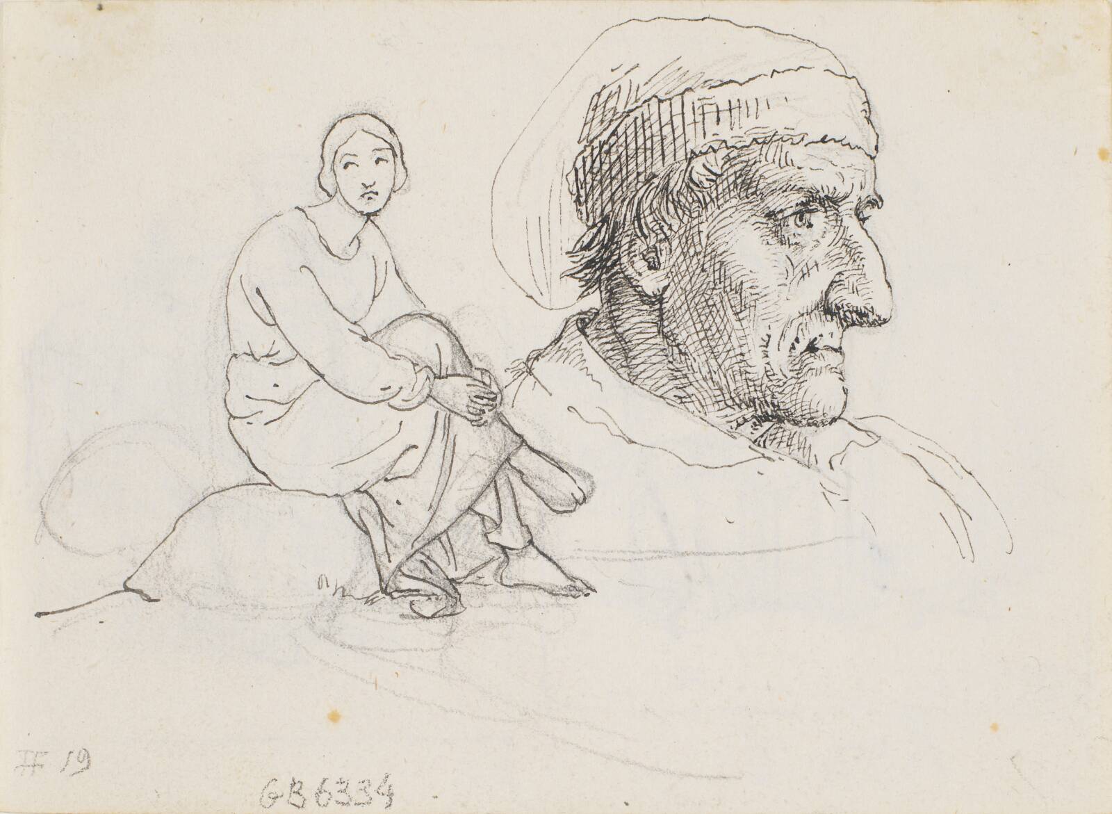 Studiehoved og siddende kvinde, Wilhelm Marstrand, 1840-1849