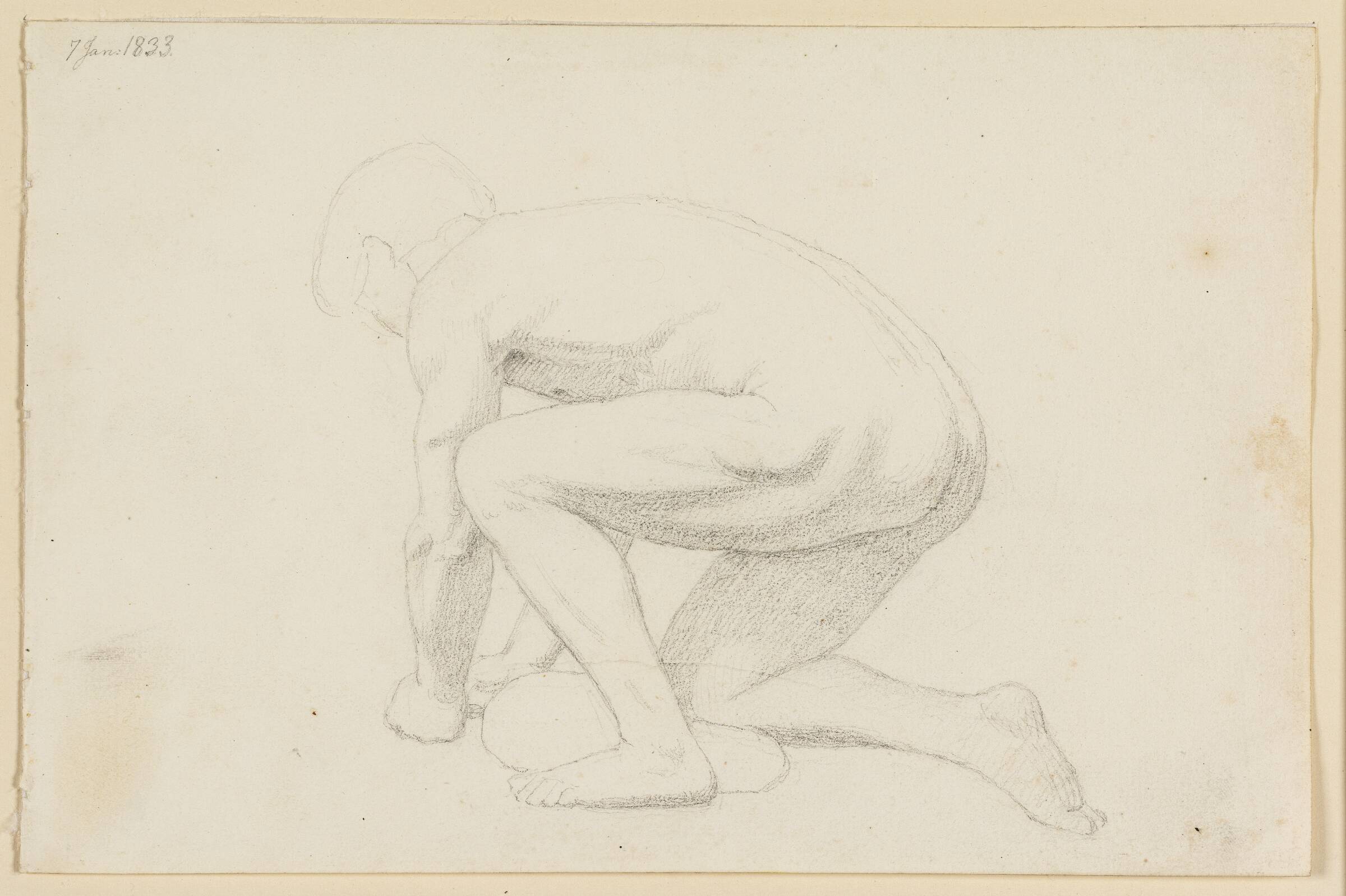 Mandlig model, der ligger støttet på armene og højre knæ, set fra siden og vendt venstre, Erling Eckersberg, 1833